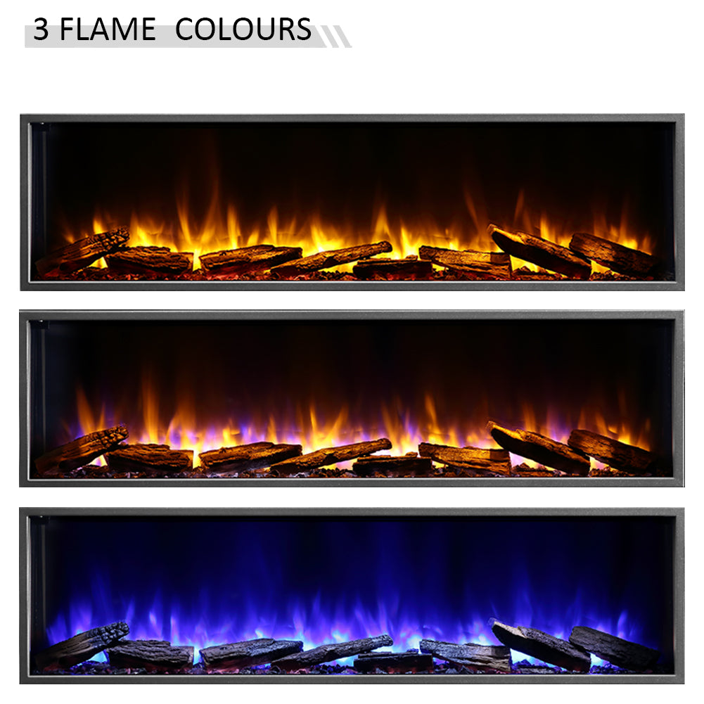 Ein elektrischer Kamin mit drei Flammenfarboptionen: orange, orange und lila sowie blau. Am Boden befinden sich Holzscheite.