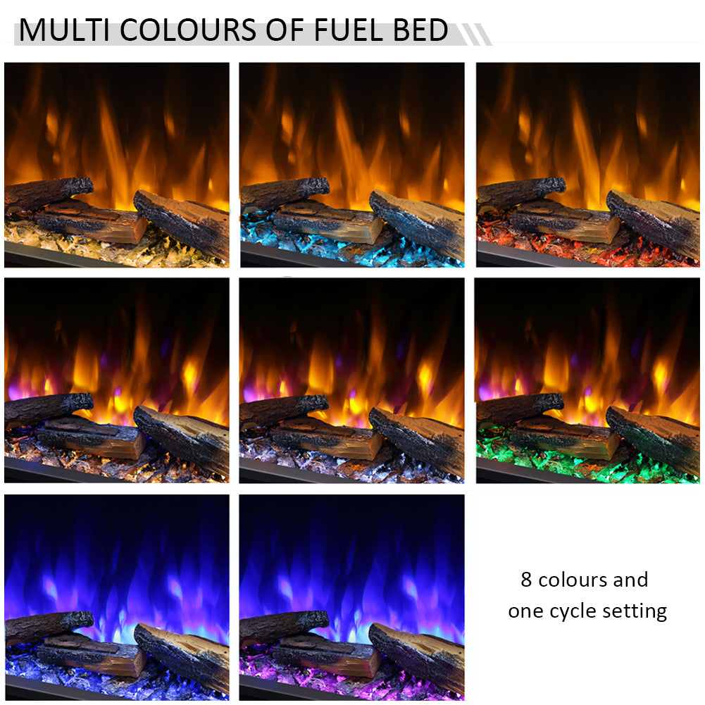 Neun Bilder zeigen einen Kamin mit verschiedenen Flammenfarben: Orange, Blau, Rot, Lila und Grün, zusammen mit Holzscheiten. Text sagt 'Multi Colours'.