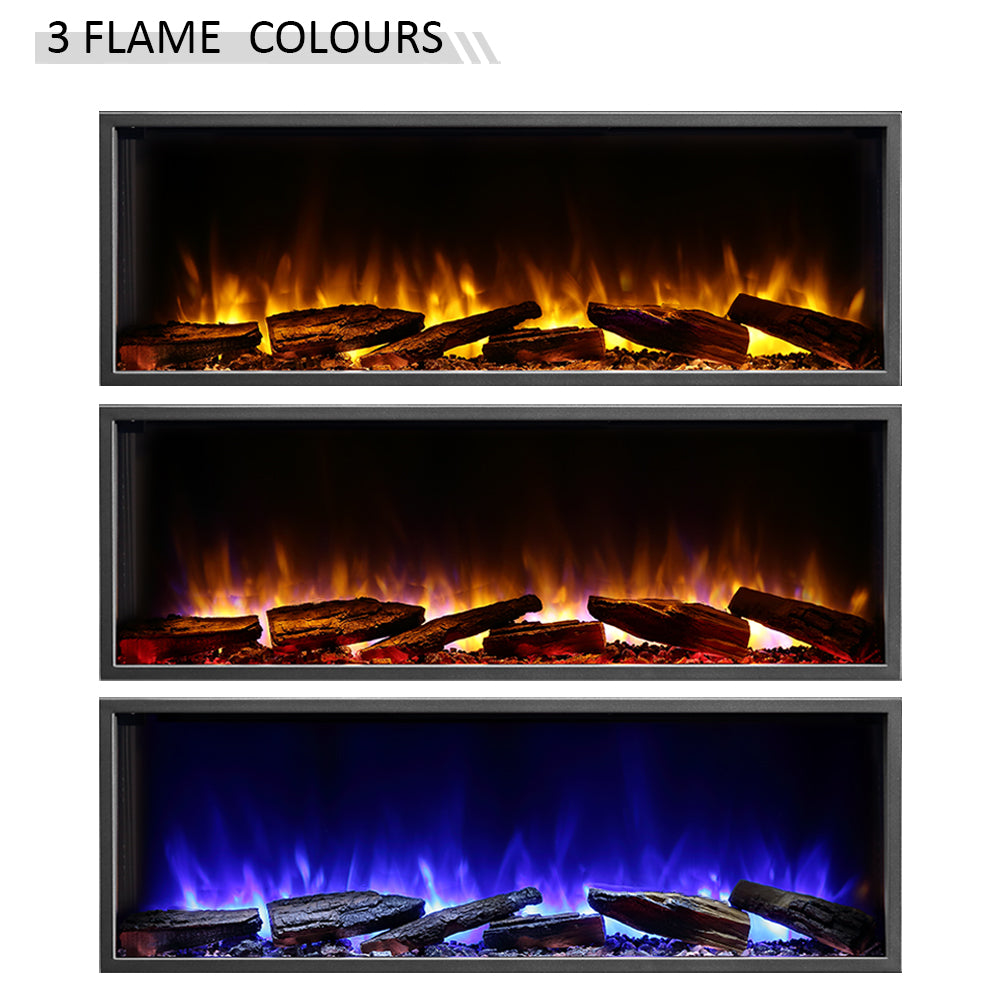 Drei Kaminanzeigen mit verschiedenen Flammenfarben: orange, orange-rot und blau. Jedes hat dunkle holzähnliche Holzscheite am Boden.