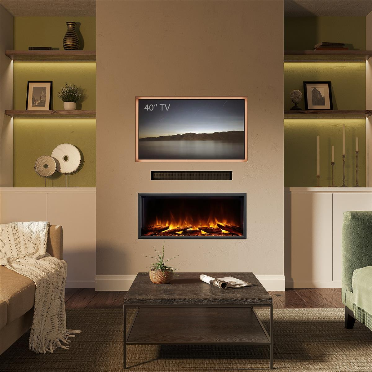 Wohnzimmer mit Kamin und Fernseher. Ein dunkler Couchtisch steht auf einem Teppich. Regale und eine Couch sind sichtbar.