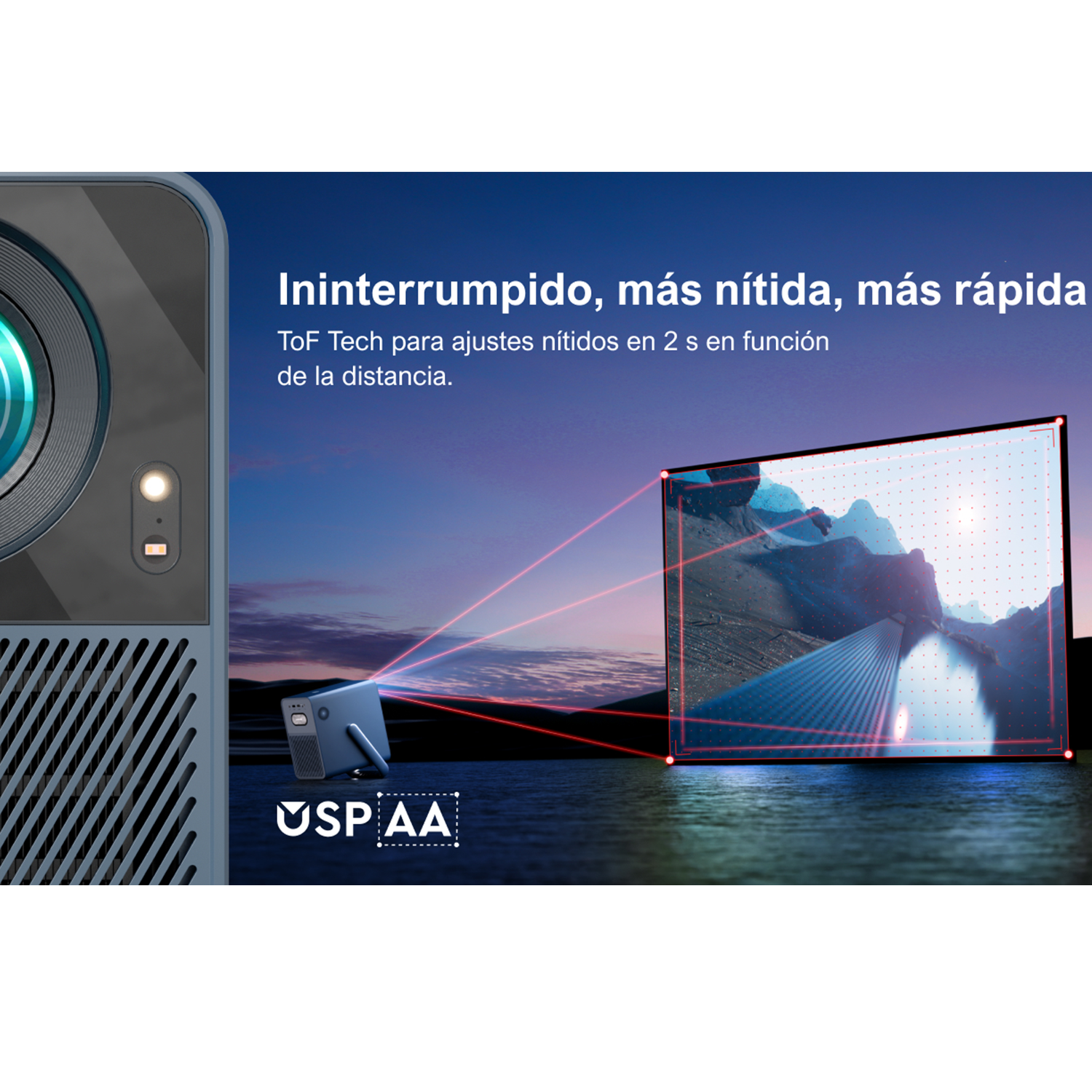Un proyector muestra una imagen. Rayos láser rojos emanan del proyector y del pequeño dispositivo. El texto dice 'Ininterrumpido, más nítida, más rápida'.