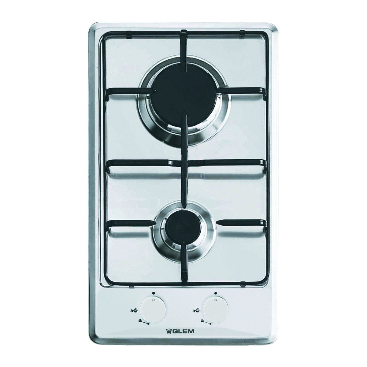 Wbudowana płyta grzewcza ze stali nierdzewnej z dwoma palnikami, czarnymi rusztami i białymi pokrętłami. Marka to GLEM.