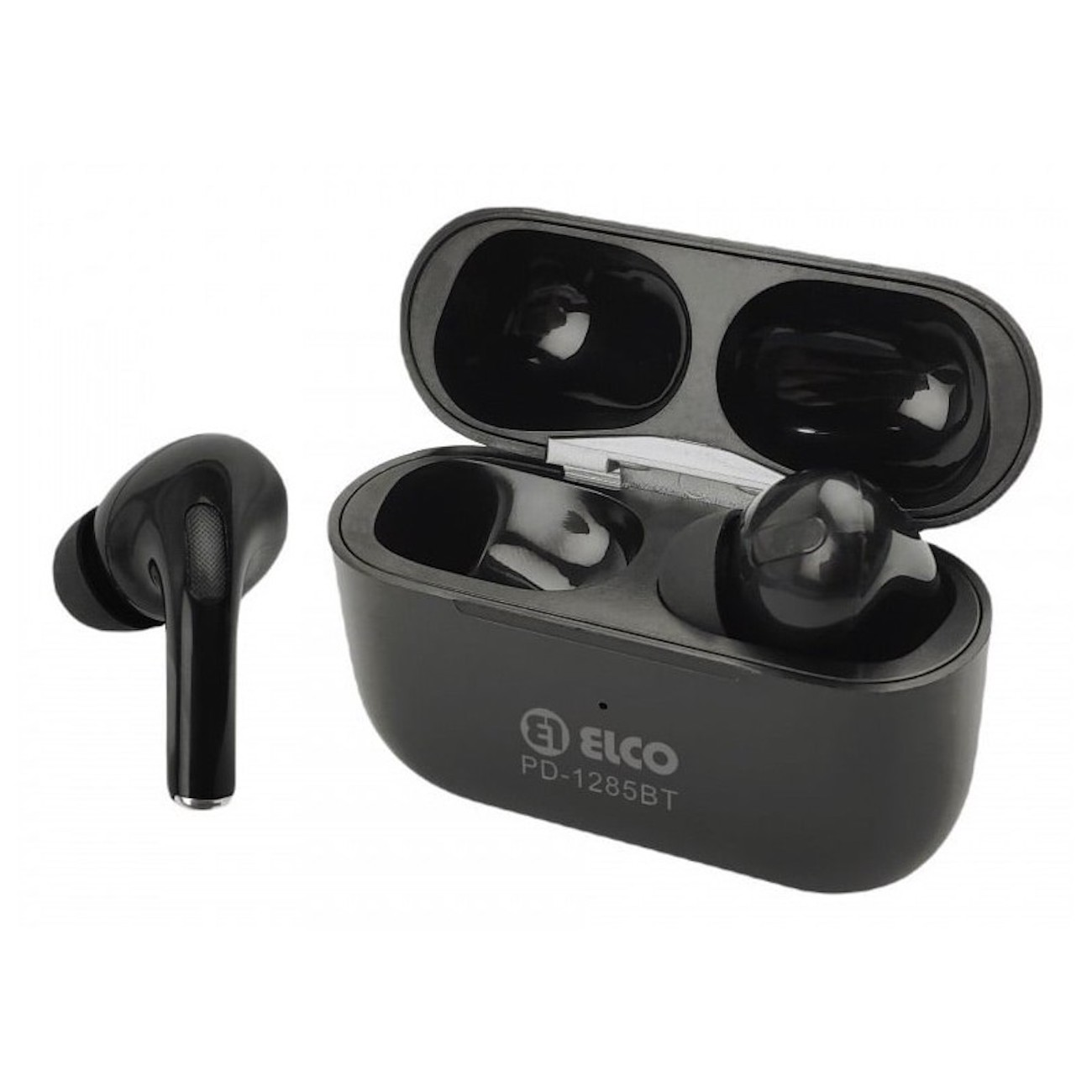 Auriculares inalámbricos negros, uno fuera del estuche, dos dentro del estuche de carga abierto. Fondo blanco.