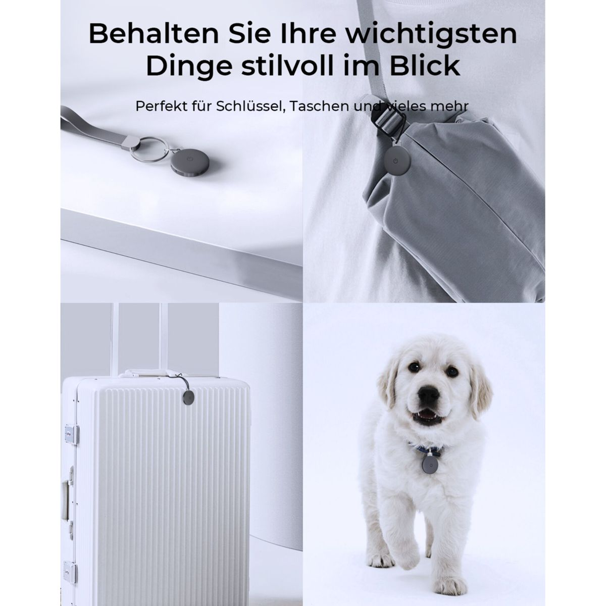 Collage mit Schlüsselanhänger, Tasche, Koffer und Welpen, jeweils mit einem runden Tracker. Text: 'Behalten Sie Ihre wichtigsten Dinge im Blick.'