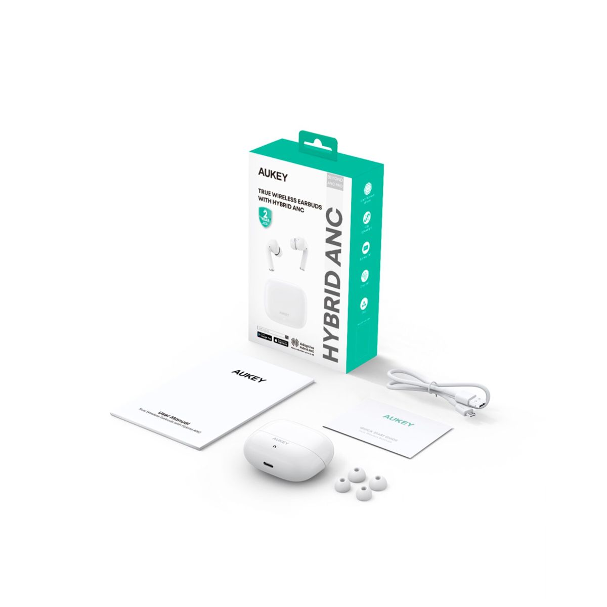 Una caja blanca con auriculares, estuche de carga, manuales y accesorios. La caja está etiquetada AUKEY Hybrid ANC True Wireless Earbuds.
