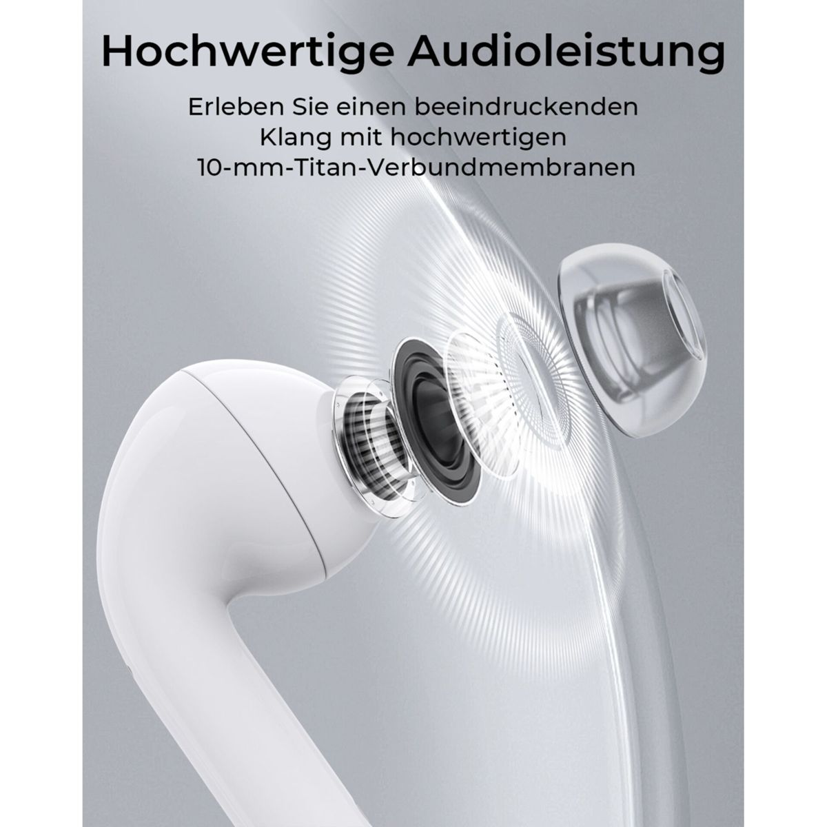 Auricular blanco con componentes internos visibles. El texto destaca la calidad y las funciones de audio.