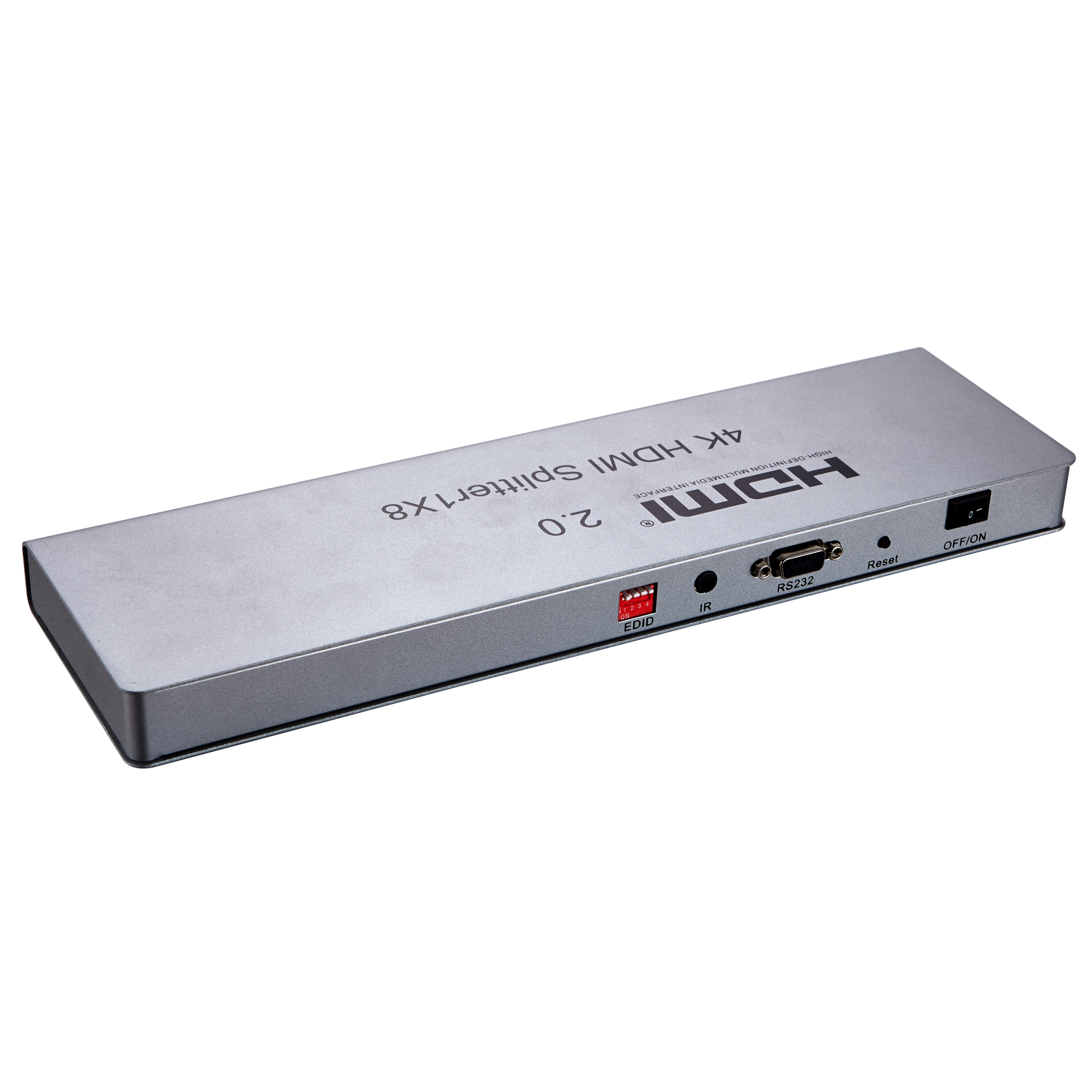 Silberner HDMI-Splitter mit Text. Er hat Ein- und Ausgänge, einen Ein-/Ausschalter, auf weißem Hintergrund.