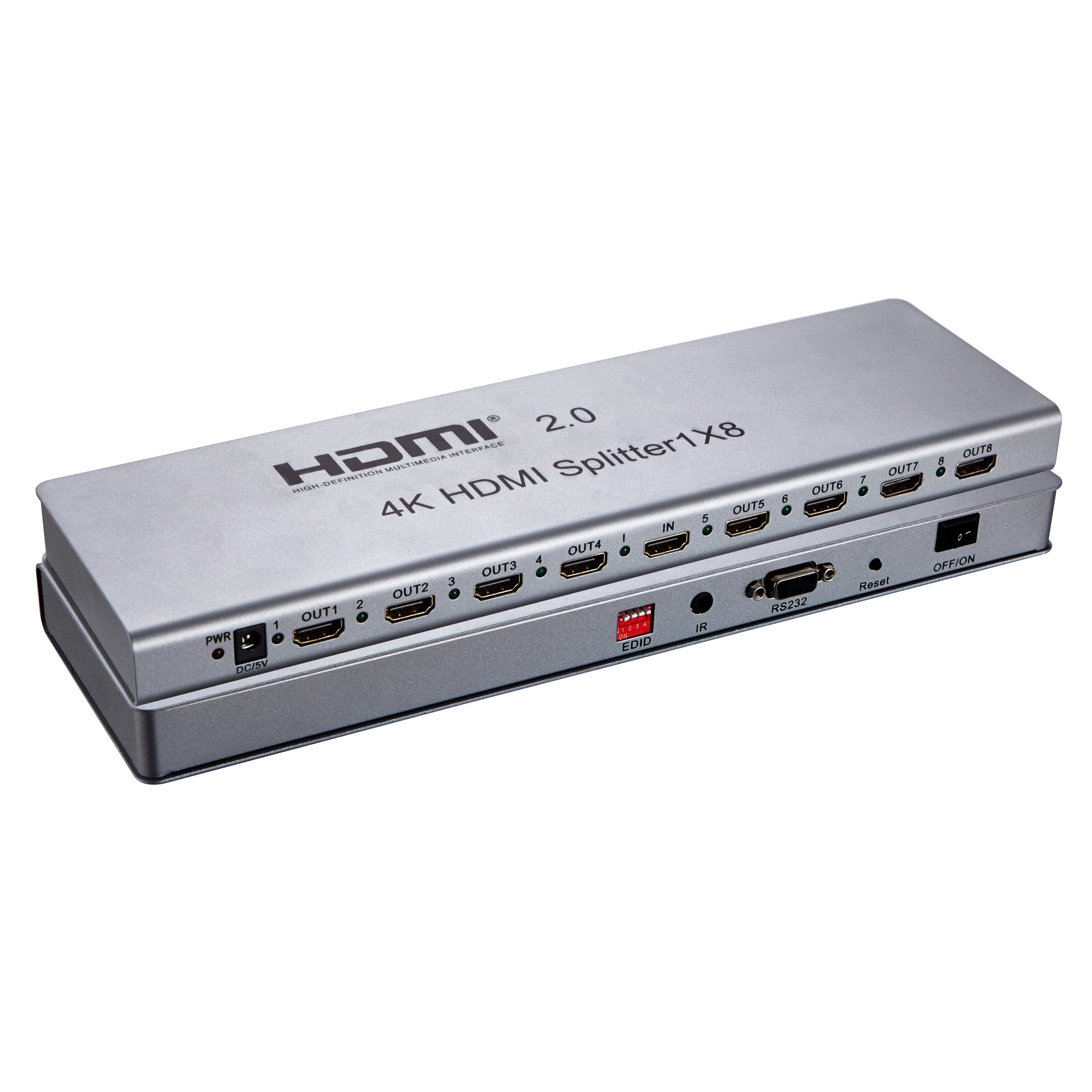 Silberner HDMI-Splitter mit Anschlüssen, beschriftet mit OUT, IN, RS232 und Strom. Text lautet '4K HDMI Splitter1X8'.