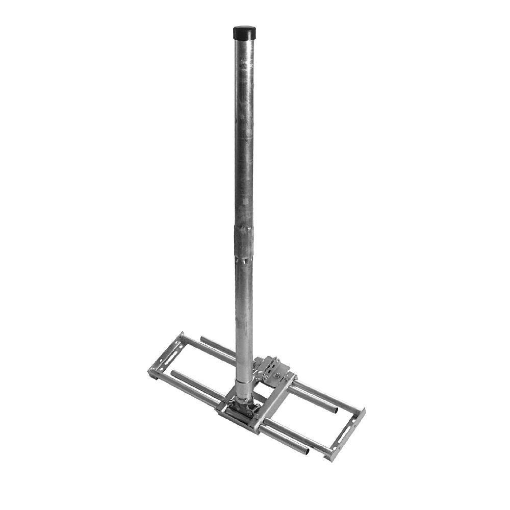 Eine Metallstange mit schwarzer Kappe steht auf einem rechteckigen Metallrahmen. Die Stange ist silbern, der Rahmen hat ein komplexes Design.