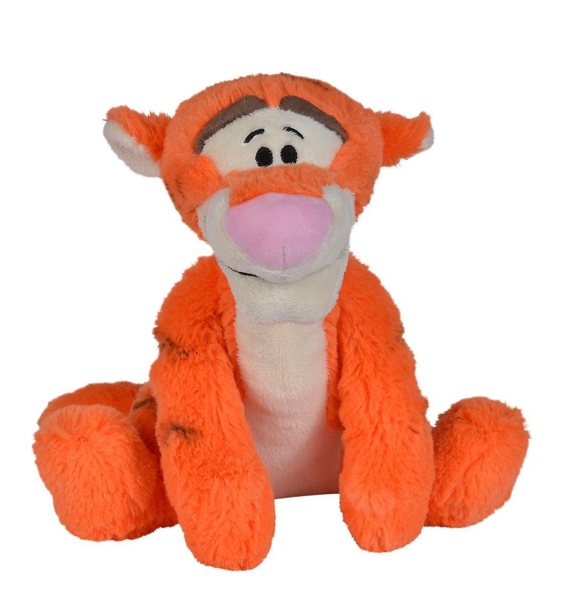 Ein plüschiger, orangefarbener Tigger-Spielzeug mit rosa Nase, braunen Streifen und weißem Bauch sitzt auf weißem Hintergrund.