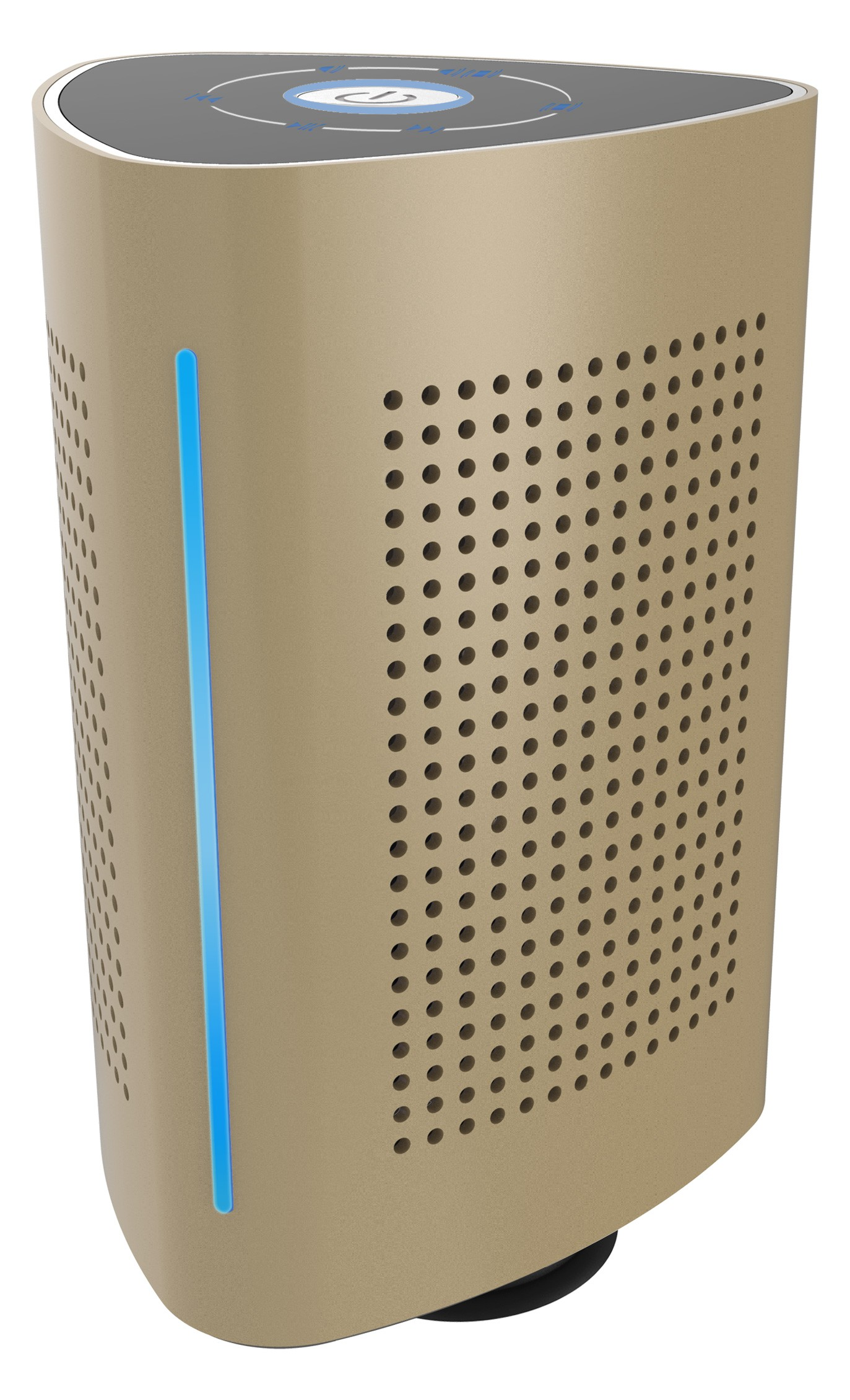 Ein beiger Luftreiniger mit blauem Lichtstreifen. Er hat ein Lochdesign und ein Bedienfeld oben.