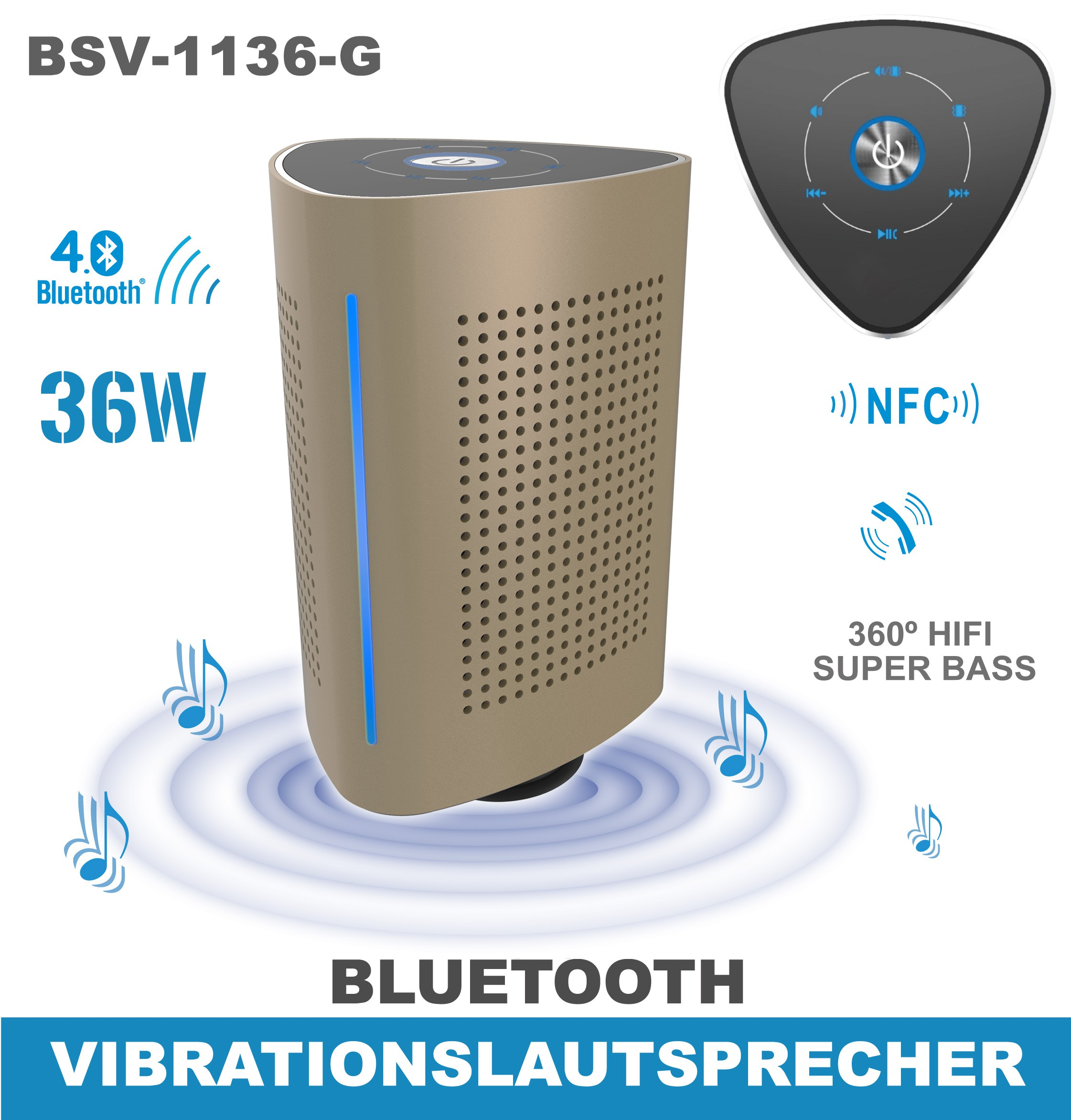 Ein tanfarbener Lautsprecher mit blauen Akzenten und einem Bedienfeld. Bluetooth und 36W werden angezeigt. Es hat eine Grafik mit Noten.