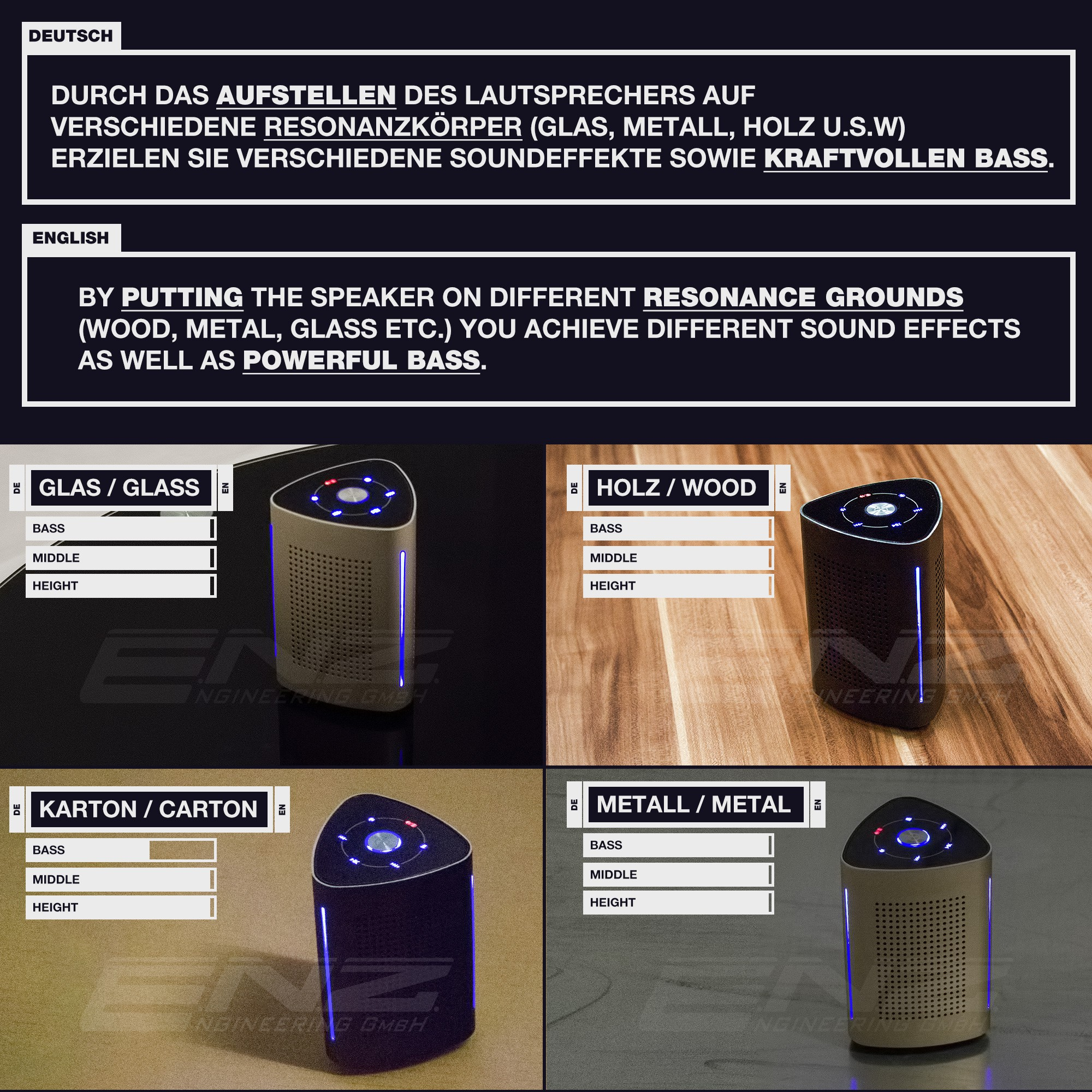 Das Bild zeigt einen Lautsprecher auf verschiedenen Oberflächen wie Glas, Holz, Karton und Metall. Text erklärt Soundeffekte.