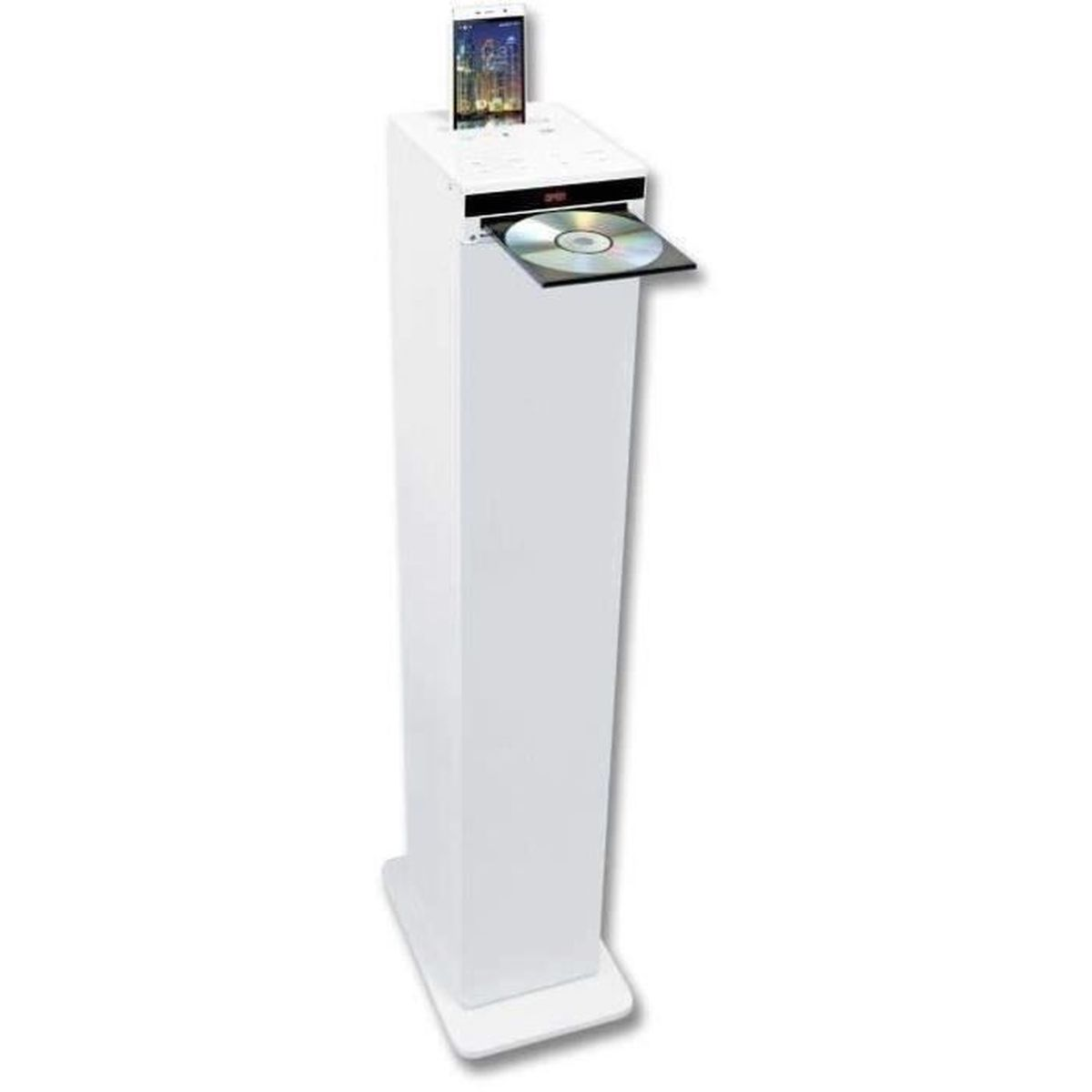 Un impianto stereo bianco con un vassoio CD aperto e un telefono sopra. Il telefono mostra un'immagine. Il sistema è in posizione verticale.