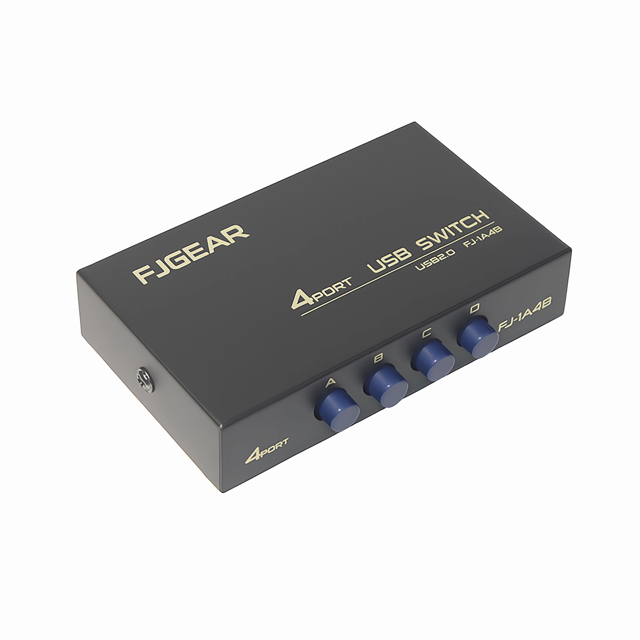 Eine schwarze USB-Switch-Box mit vier blauen Tasten mit den Bezeichnungen A, B, C und D. Text lautet 'FJGEAR' und '4 PORT USB SWITCH'.