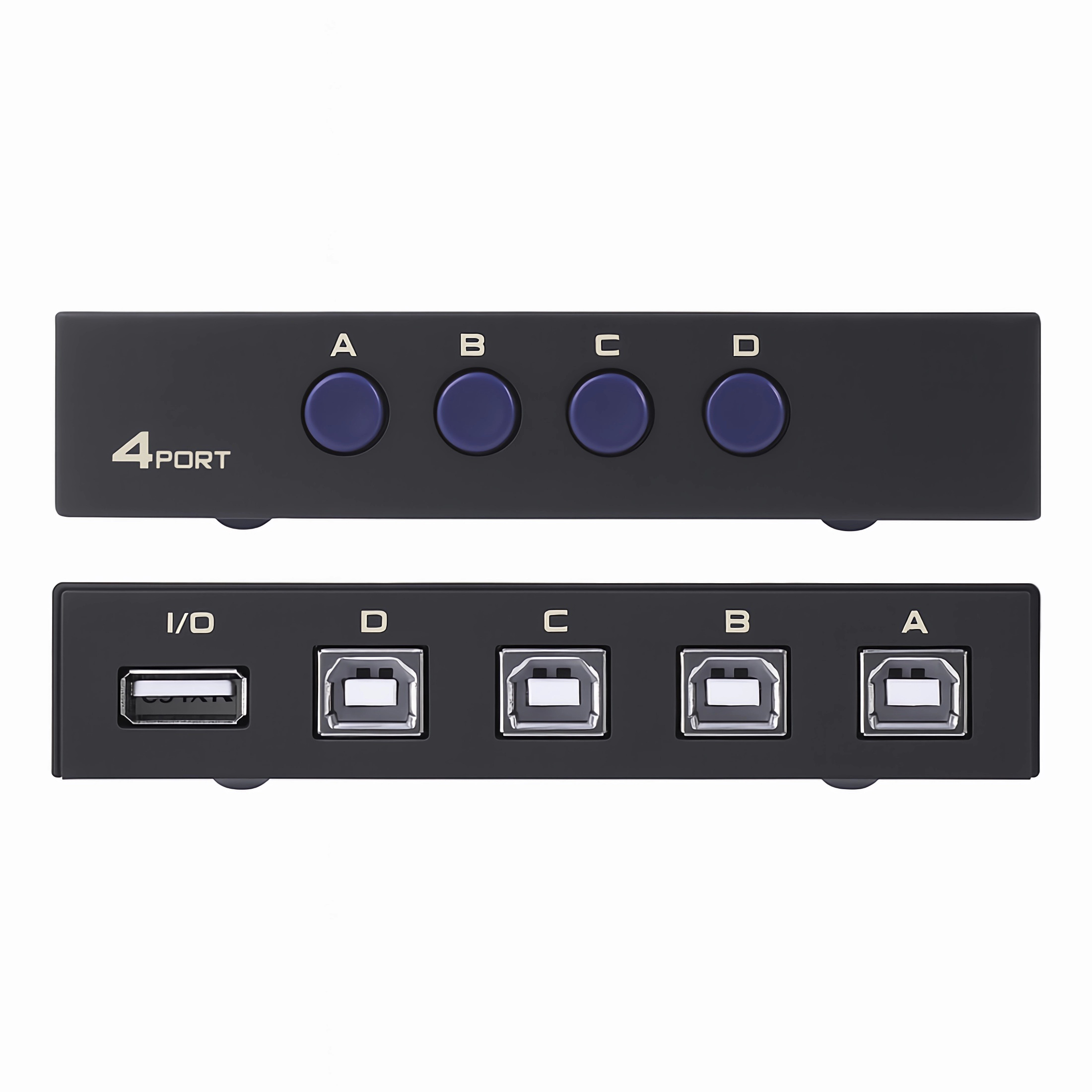 Ein schwarzer USB-Switch mit vier blauen Knöpfen oben und USB-Anschlüssen unten. Beschriftet mit A, B, C, D und I/O.