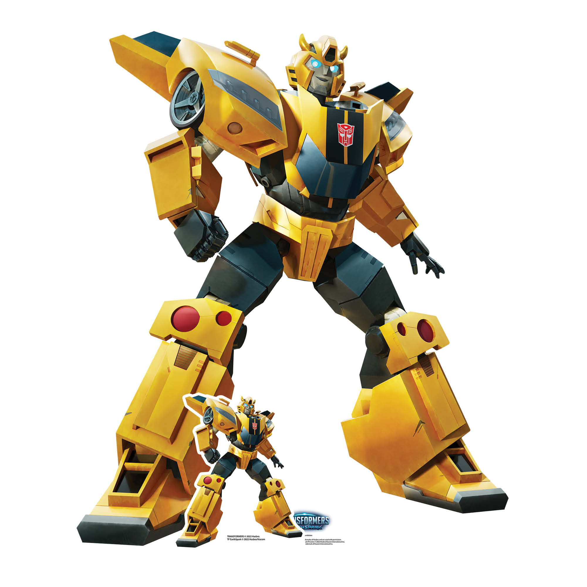 Ein großer gelber Bumblebee-Transformer steht neben einer kleineren Bumblebee-Figur. Der Hintergrund ist weiß.