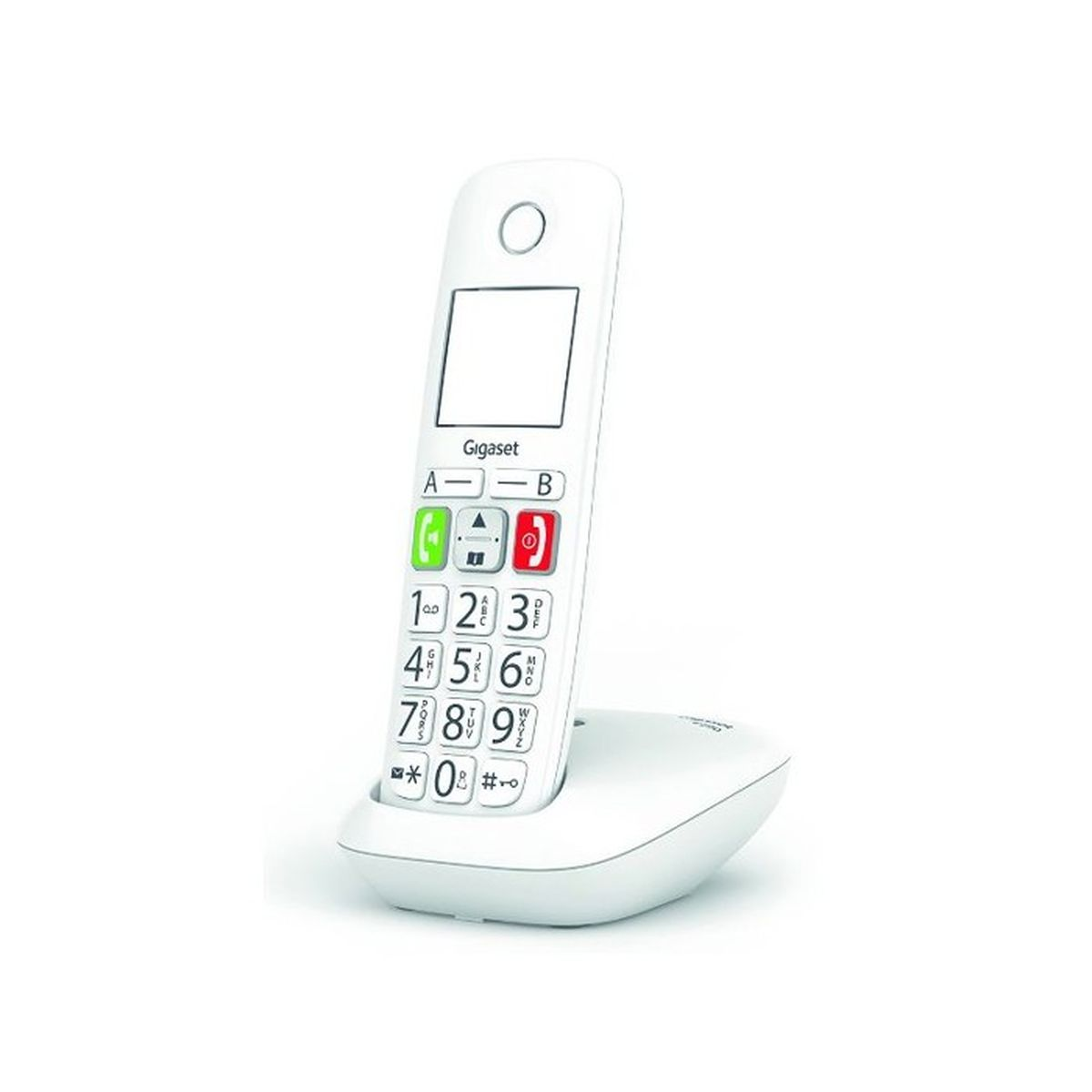 Telefono Gigaset bianco su base bianca. Ha uno schermo, un tastierino numerico e pulsanti di chiamata.