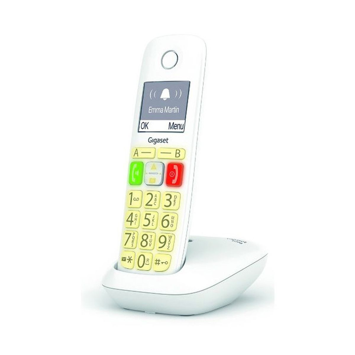 Un telefono cordless Gigaset bianco. Lo schermo mostra Emma Martin. Ha una tastiera con pulsanti grandi ed è sulla sua base di ricarica.