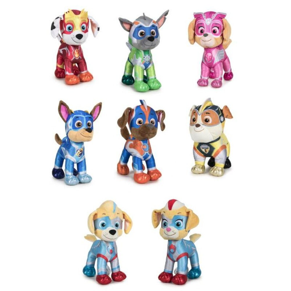 Neun Plüschtiere von Paw Patrol-Charakteren in Superhelden-Outfits. Jeder Hund hat eine andere Farbe mit unterschiedlichen Kostümen und Gesichtsausdrücken.