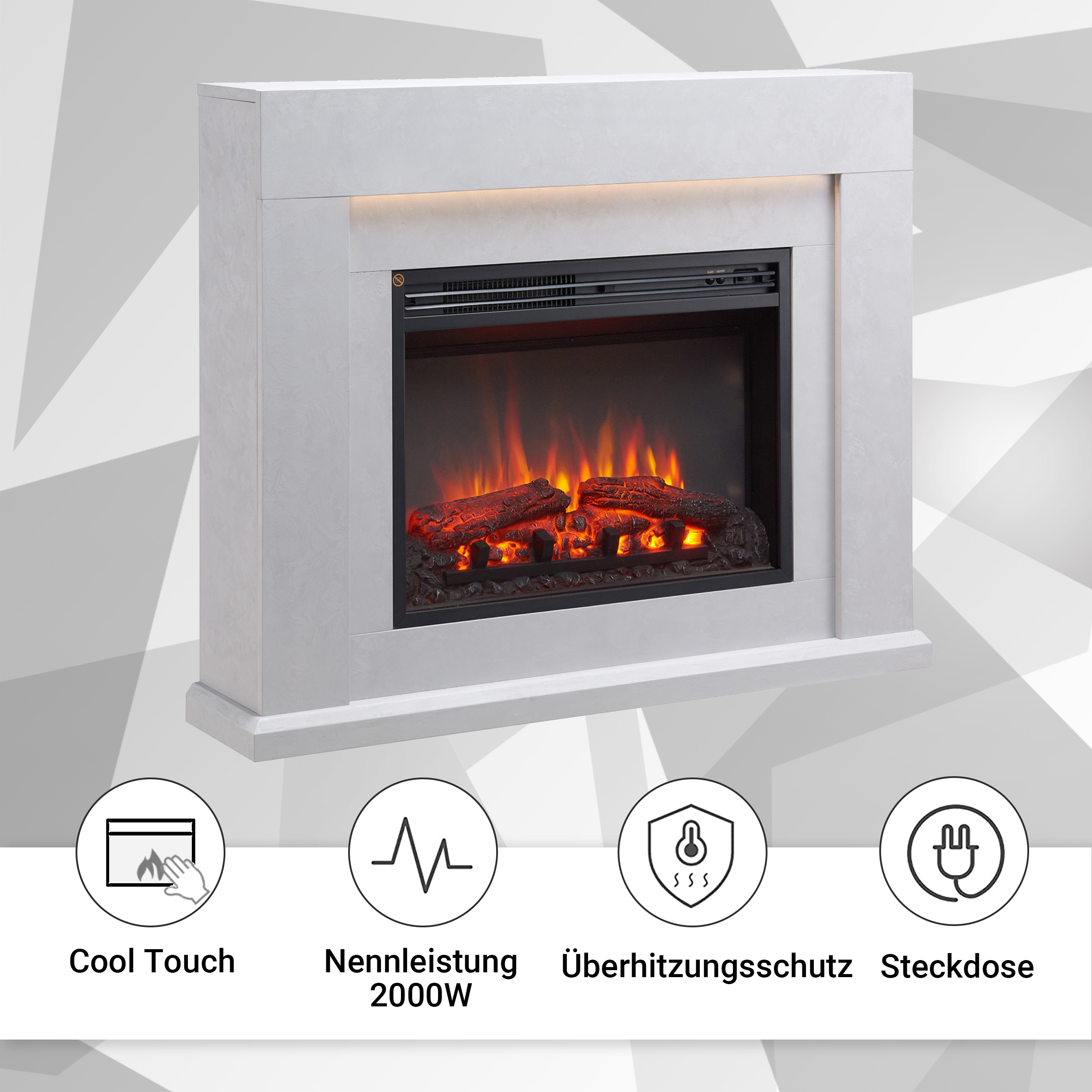 Ein weißer elektrischer Kamin mit realistischer Flammeneffekt und dekorativen Holzscheiten. Merkmale sind Cool Touch und Überhitzungsschutz.