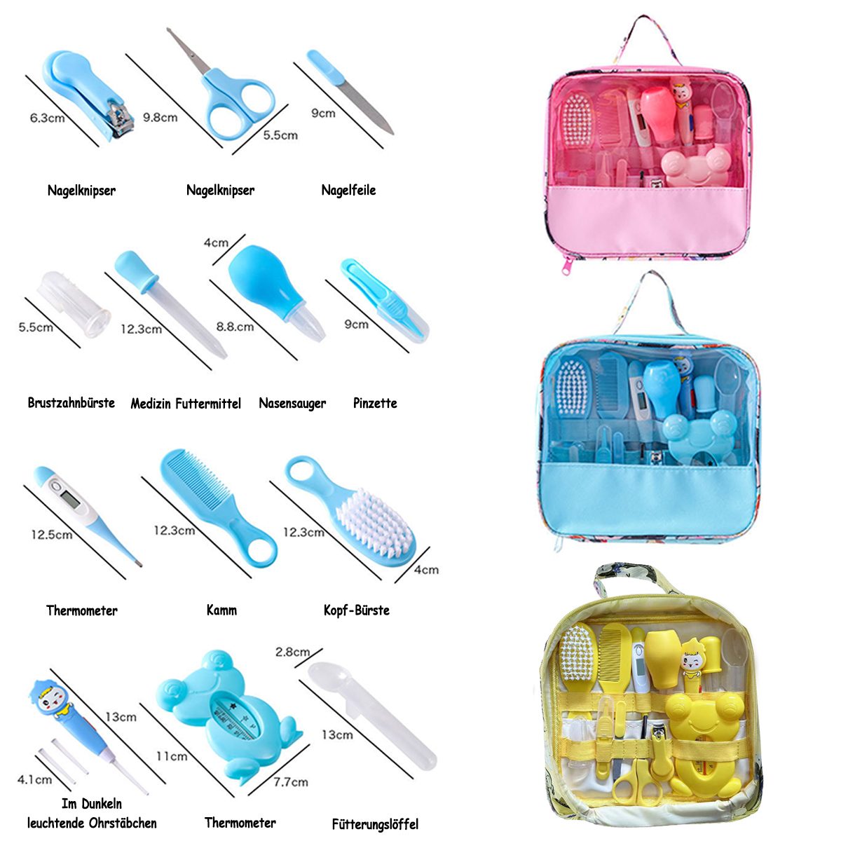 Das Bild zeigt Baby-Pflegeset-Artikel: Nagelknipser, Schere, Bürste, Thermometer, Nasensauger und andere Pflege-Tools.