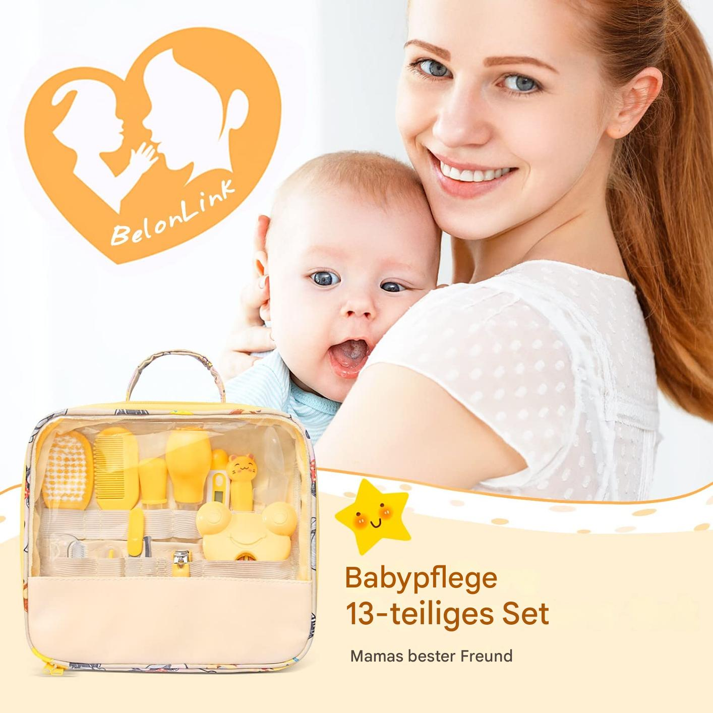 Eine Frau und ein Baby lächeln. Ein Set mit Babypflegeprodukten befindet sich im Vordergrund. Ein orangefarbenes Herz mit einem Logo befindet sich im Hintergrund.