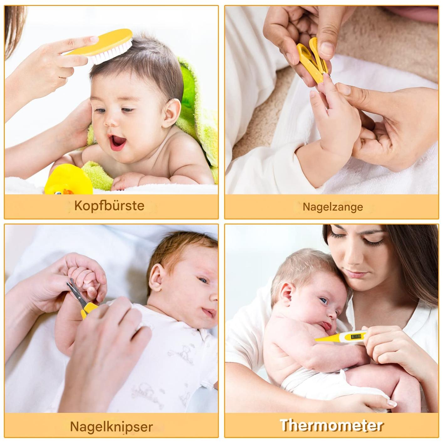 Ein Baby wird mit einer gelben Bürste gebürstet. Das Baby liegt auf einem Handtuch. Eine gelbe Ente ist ebenfalls vorhanden.