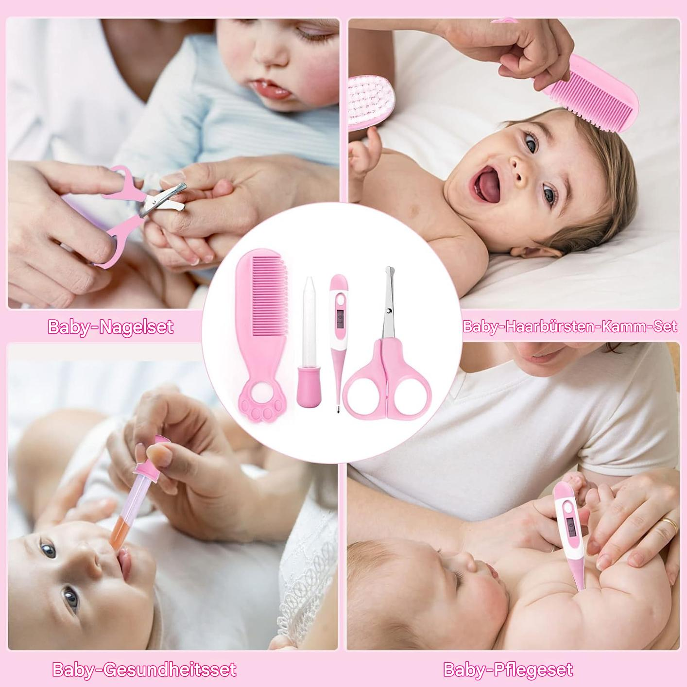 Eine Collage zeigt Babyartikel: Nagelschere, Kamm, Thermometer und Pipette. Babys werden bei der Benutzung der Artikel gezeigt, und die Artikel sind rosa.