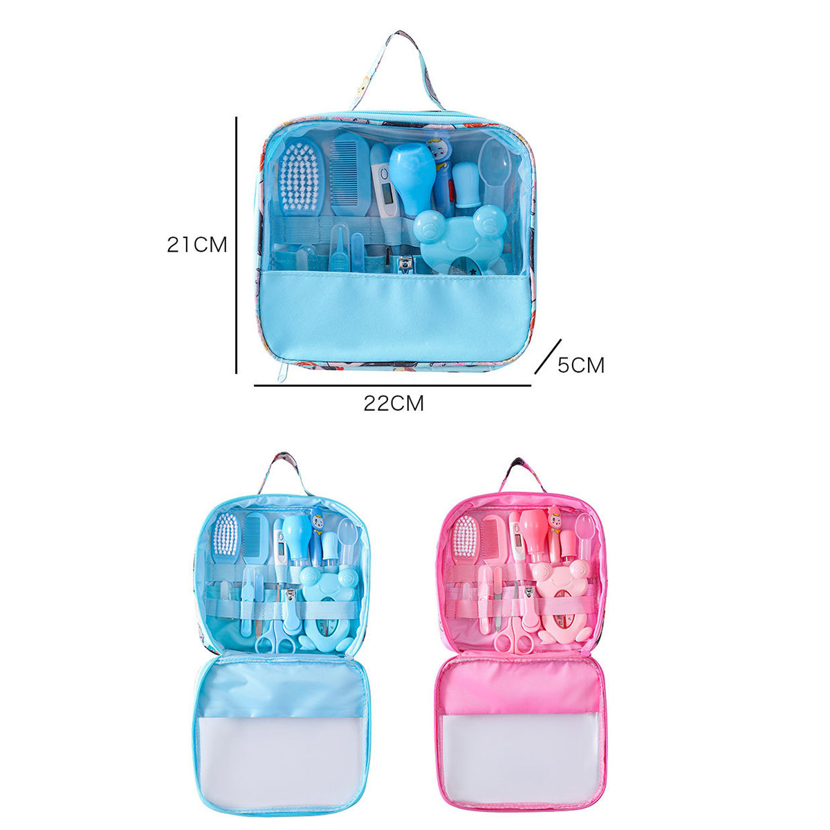 Ein Baby-Pflegeset in einer blauen Tasche, mit verschiedenen Pflegeutensilien, darunter Bürste, Kamm, Schere und Thermometer. Die Tasche ist offen.