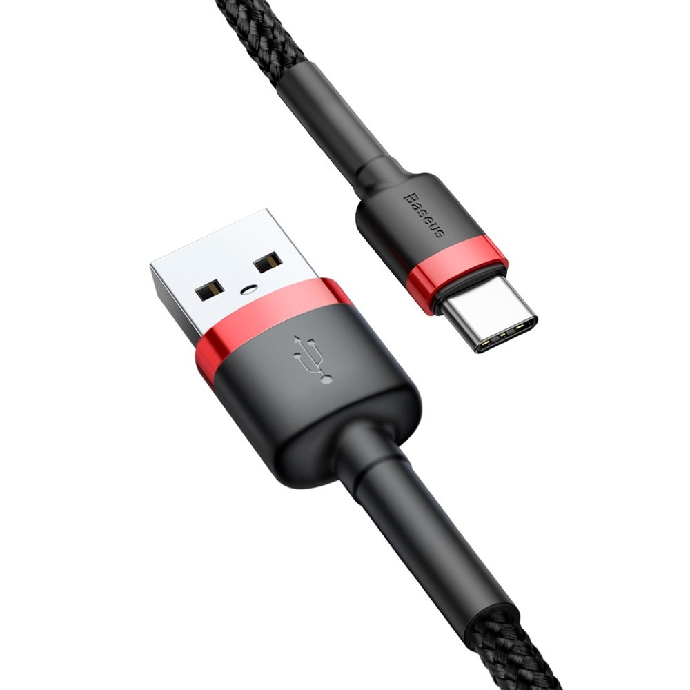 Czarny i czerwony kabel USB do ładowania na białym tle. Kabel ma złącze USB typu A i złącze USB typu C.