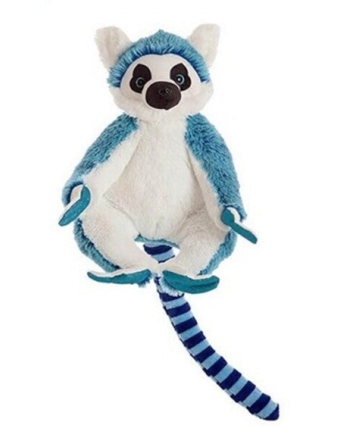 Plüschtier Lemur mit blau-weißem Fell. Es hat einen gestreiften Schwanz, blaue Akzente und ein weißes Gesicht mit schwarzen Augen.