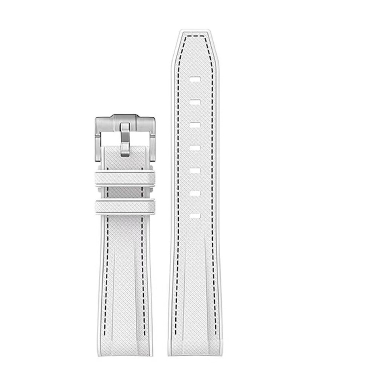 Cinturino bianco con fibbia argentata. Il cinturino ha una superficie strutturata con linee tratteggiate.