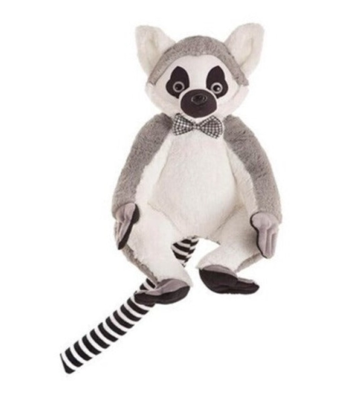 Ein Stofflemur mit Fliege. Er hat einen weißen Körper, graue Arme und Kopf, schwarze Augen und einen gestreiften Schwanz.