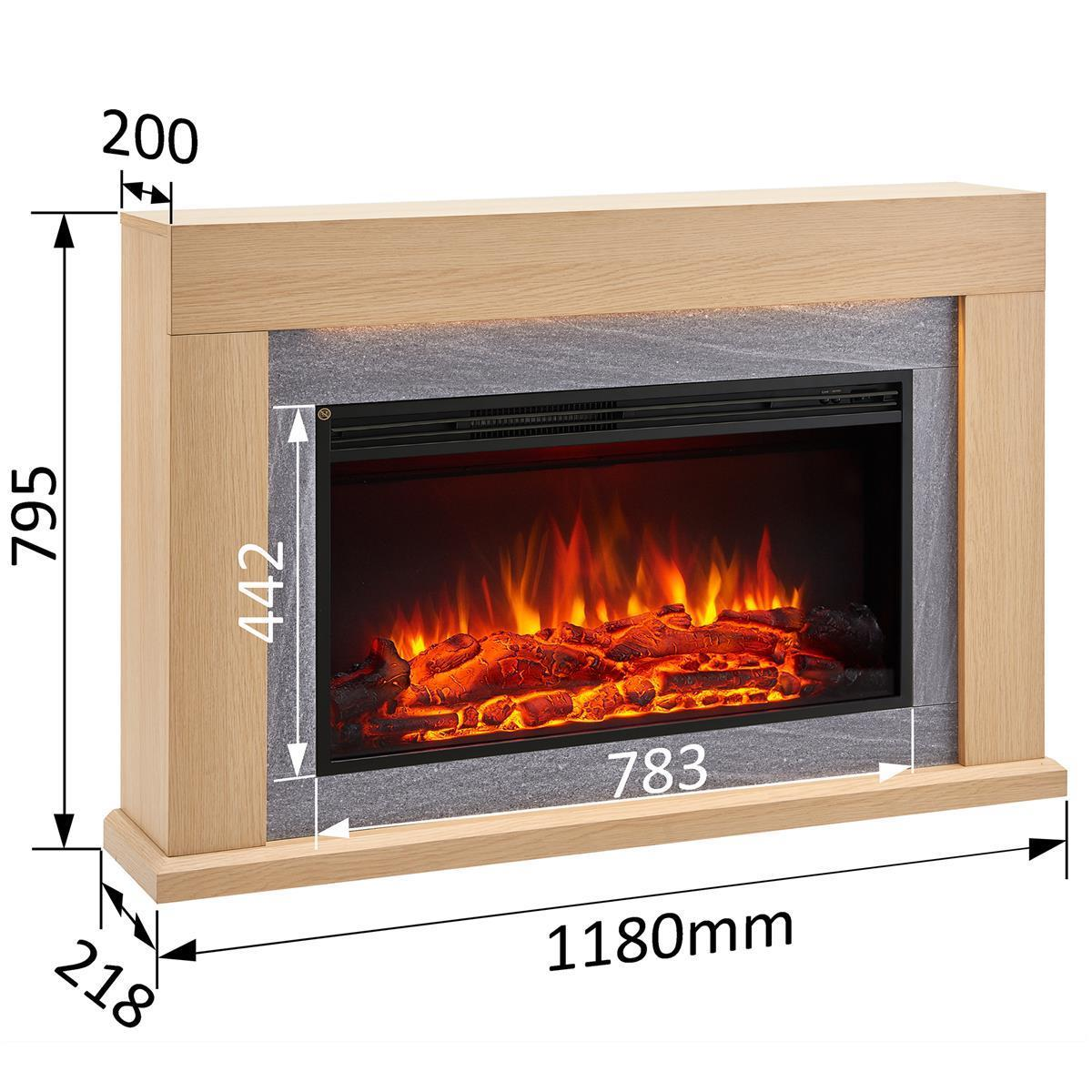 Ein Holzkamin mit simuliertem Feuer. Abmessungen: 1180 mm breit, 795 mm hoch, 218 mm tief. Das Feuer hat orange Flammen.