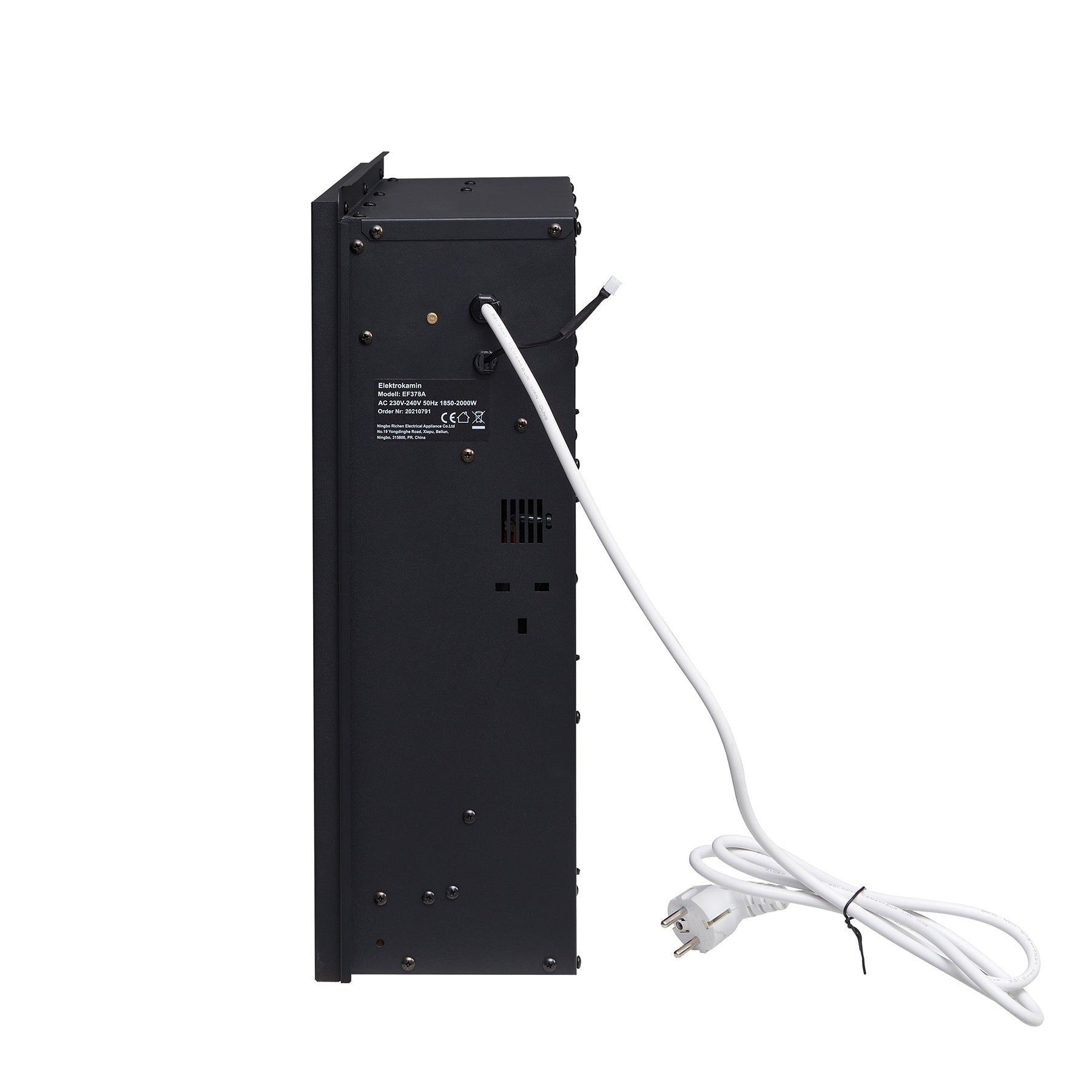Ein schwarzes elektronisches Gerät mit weißem Netzkabel und Stecker. Ein Etikett mit Text ist vorhanden.