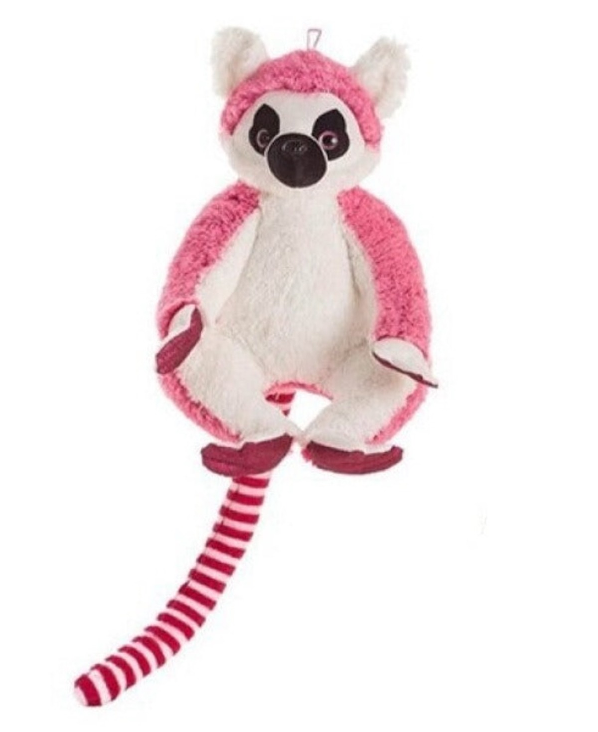 Ein Stofftier-Lemur mit rosa und weißem Fell. Er hat einen gestreiften Schwanz und hängt. Er hat ein weißes Gesicht mit schwarzen Augen und Nase.