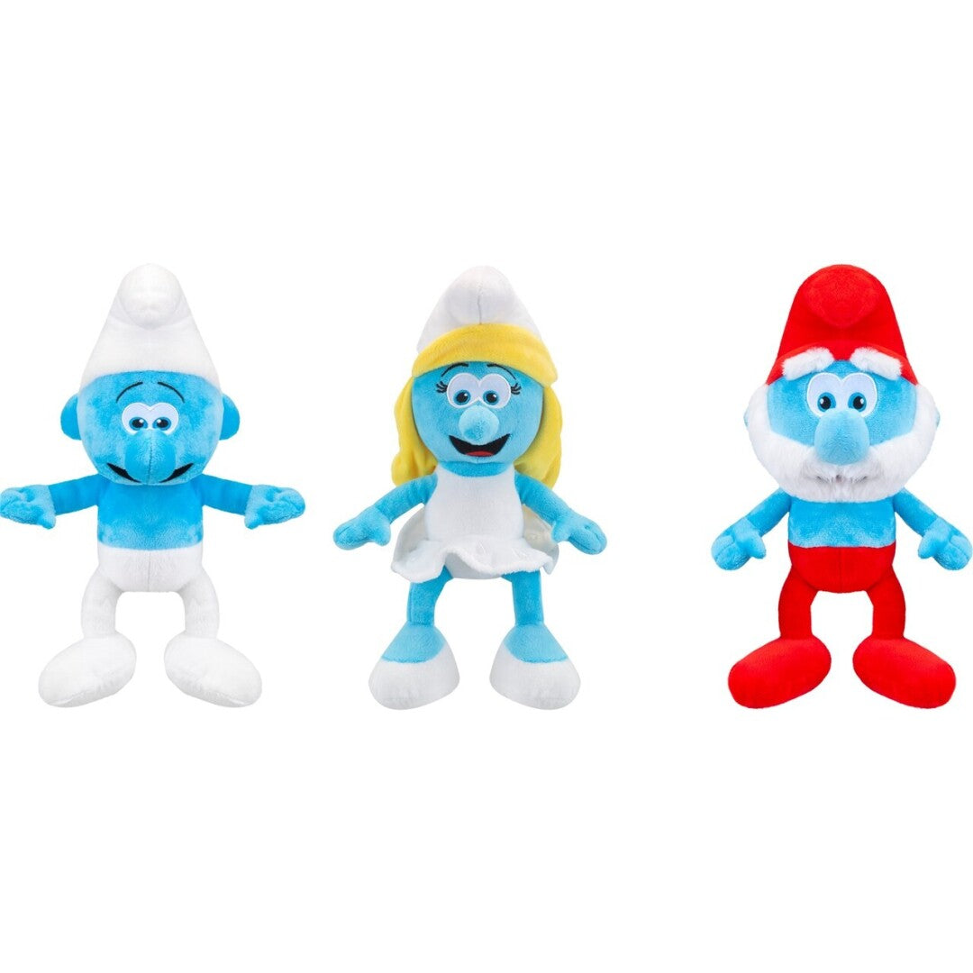 Drei Schlumpf-Plüschtiere. Ein Schlumpf, Schlumpfine und Papa Schlumpf stehen nebeneinander, jeder mit unverwechselbarer Kleidung.