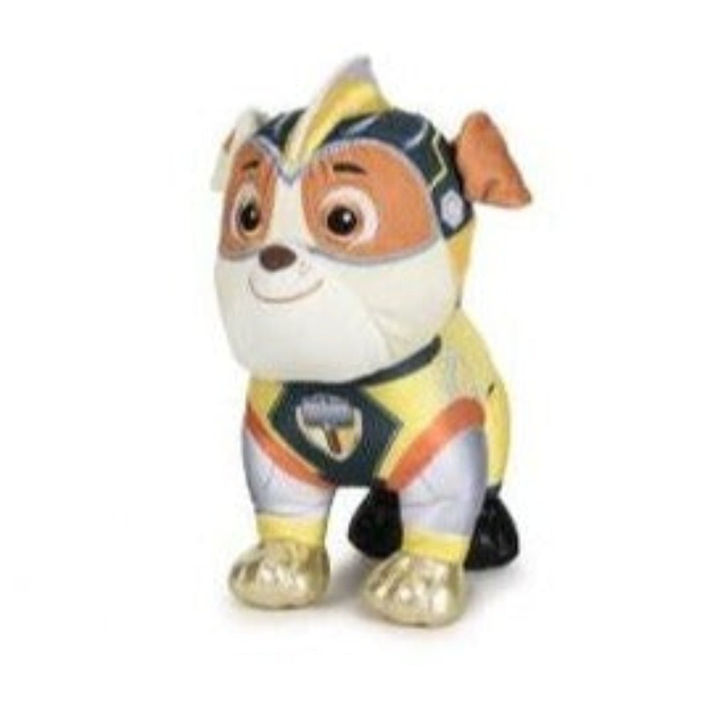 Ein Plüschhundespielzeug, gekleidet in einem Superhelden-Outfit. Er hat einen gelben und silbernen Anzug, mit Maske und Abzeichen.