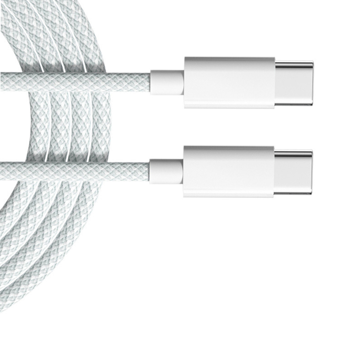 Zwei weiße USB-C-Kabel. Die Kabel sind weiß und haben eine geflochtene Textur. Die Stecker sind weiß mit silbernen Kontakten.