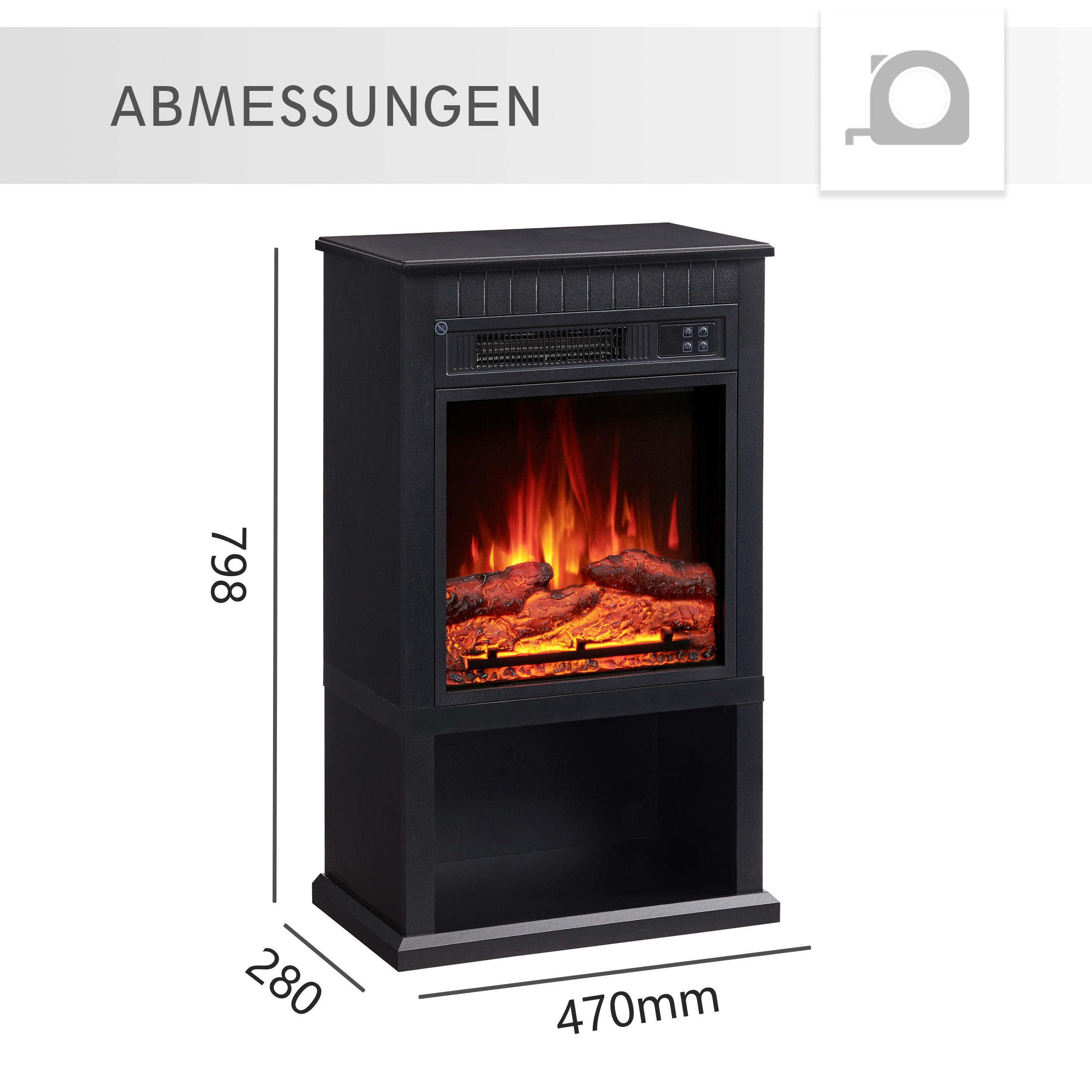 Ein schwarzer Elektrokamin mit Abmessungen. Er hat einen Feuereffekt. Die Maße sind 798x280x470mm.