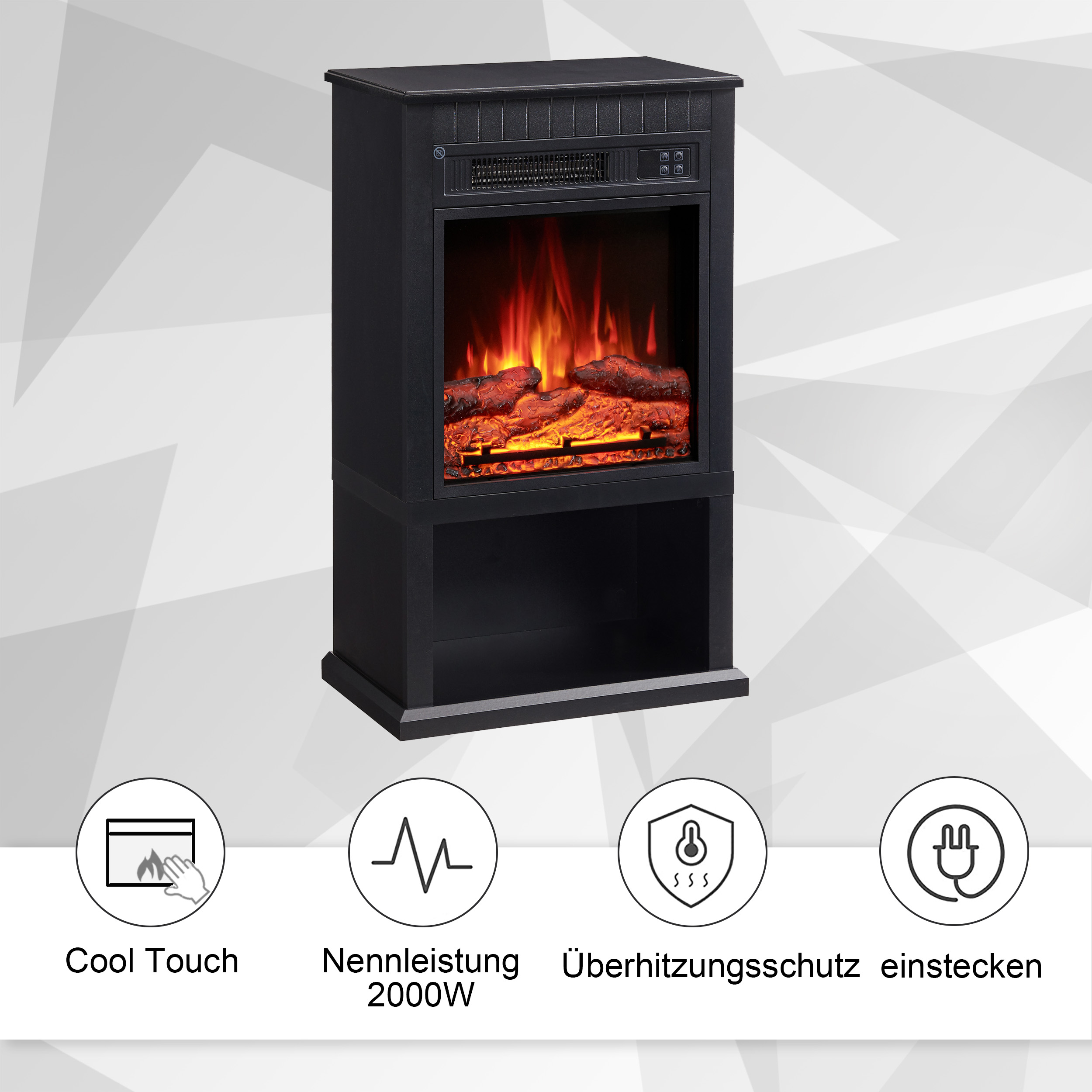 Schwarzer elektrischer Kamin mit Flammeneffekt. Er hat ein oberes und unteres Regal sowie Symbole für Cool Touch, 2000W, Überhitzungsschutz.