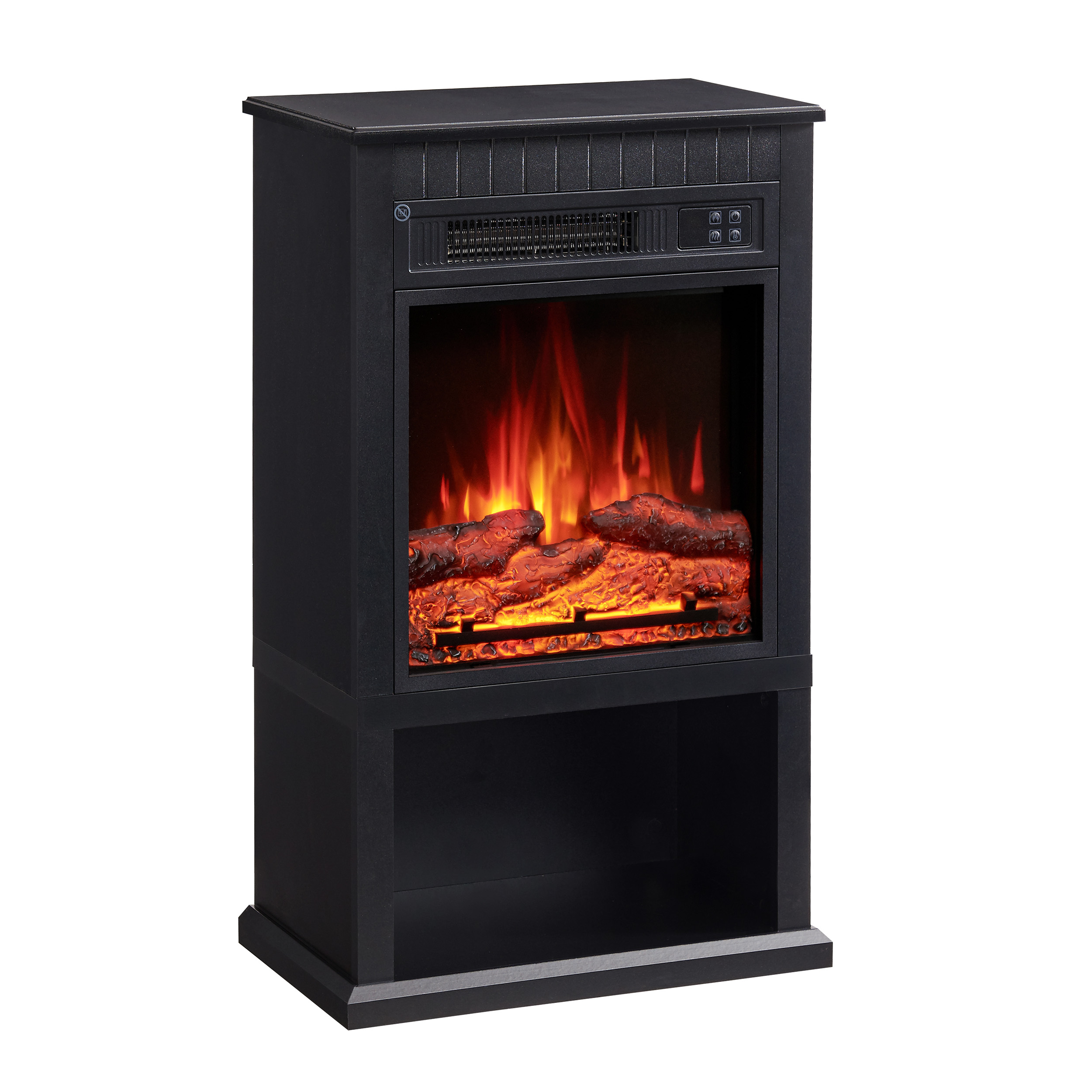 Ein schwarzer Elektrokamin mit Flammeneffekt. Er hat eine rechteckige Form mit einem unteren Regal.