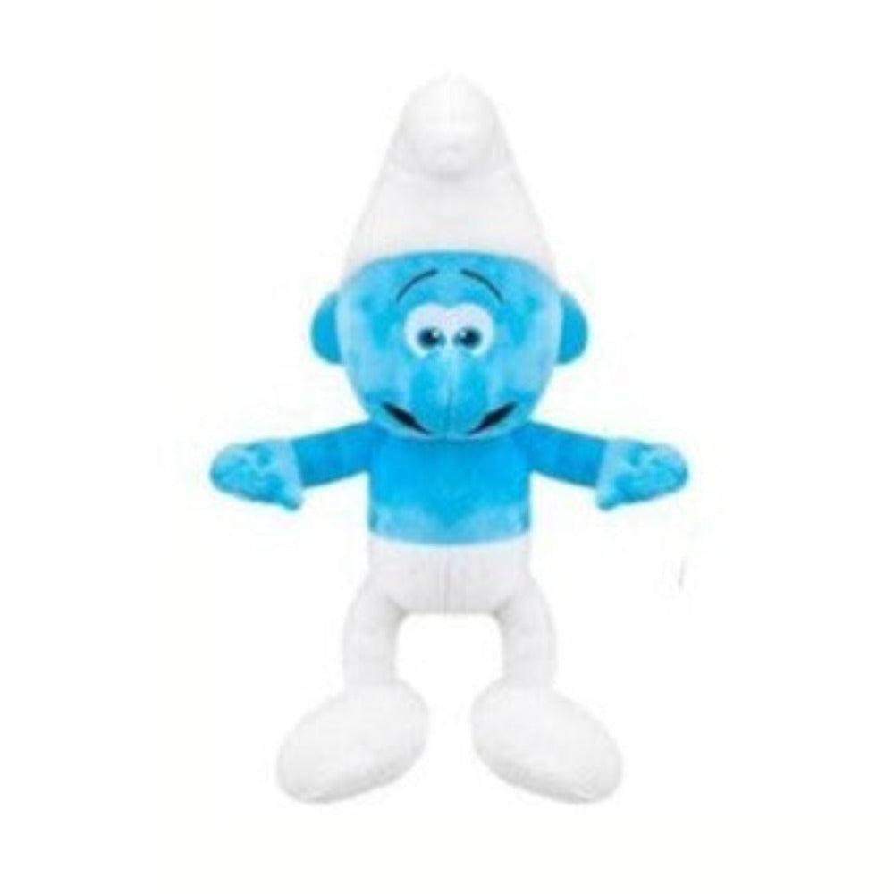 Eine Plüsch-Schlumpfpuppe. Sie hat einen blauen Körper, eine weiße Hose und einen Hut. Die Arme sind ausgestreckt. Der Hintergrund ist weiß.
