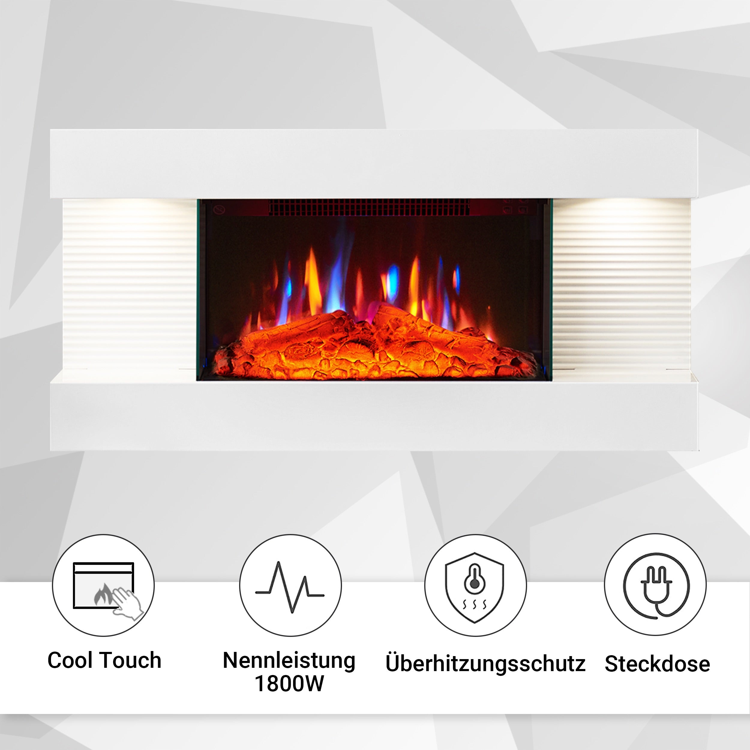 Weißer Kamin mit Flammeneffekt. Enthält Symbole für Cool Touch, 1800W, Überhitzungsschutz und eine Steckdose.