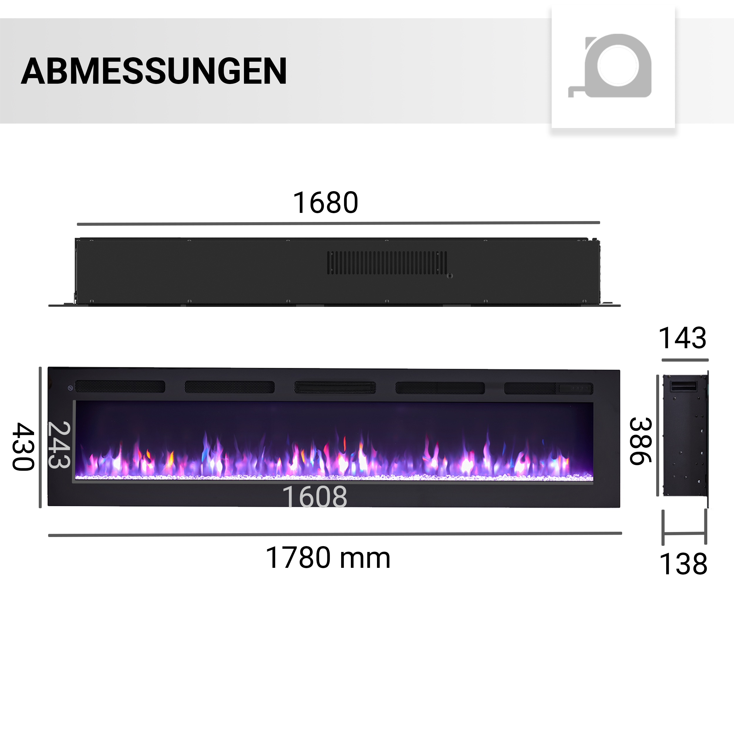 Ein schwarzer Elektrokamin mit Abmessungen. Draufsicht, Vorderansicht mit bunten Flammen und Seitenansicht mit Maßen.