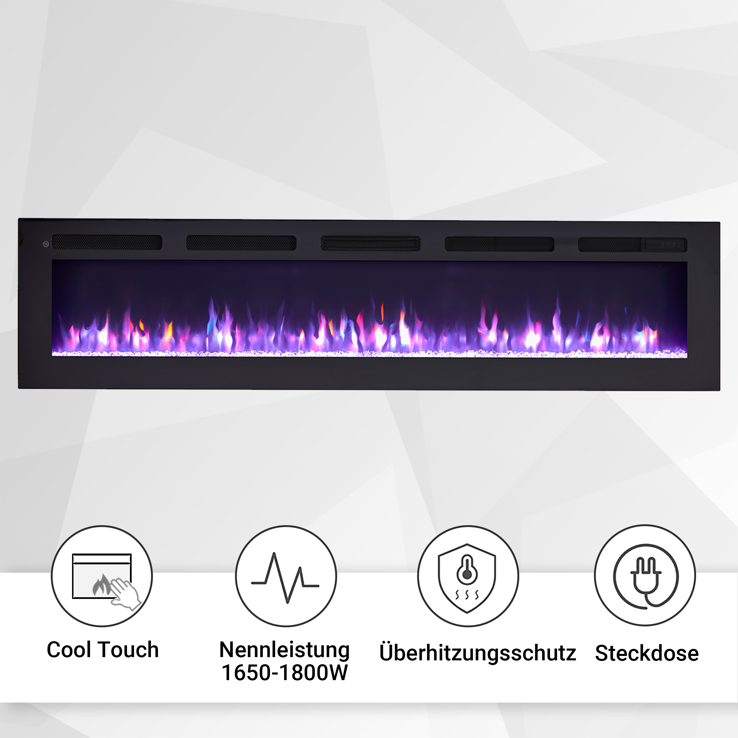Schwarzer Elektrokamin mit Anzeige von lila, rosa und blauen Flammen. Vier Symbole beschreiben Eigenschaften.