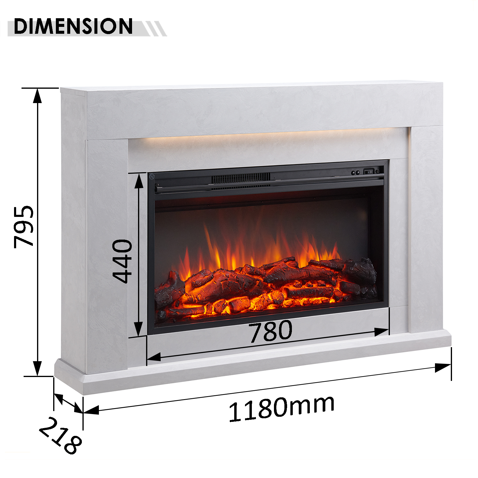Ein weißer elektrischer Kamin mit Abmessungen. Er hat eine schwarze Glasfront mit künstlichen Flammen und Holzscheiten.