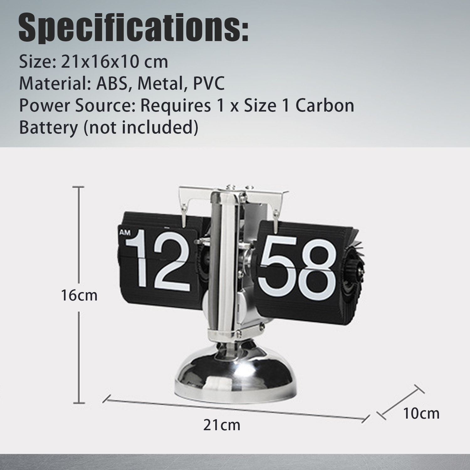 Eine silberne Klappuhr zeigt 12:58 Uhr an. Spezifikationen sind oben aufgeführt. Abmessungen sind 21x16x10 cm. Benötigt eine Größe 1 Carbon-Batterie.