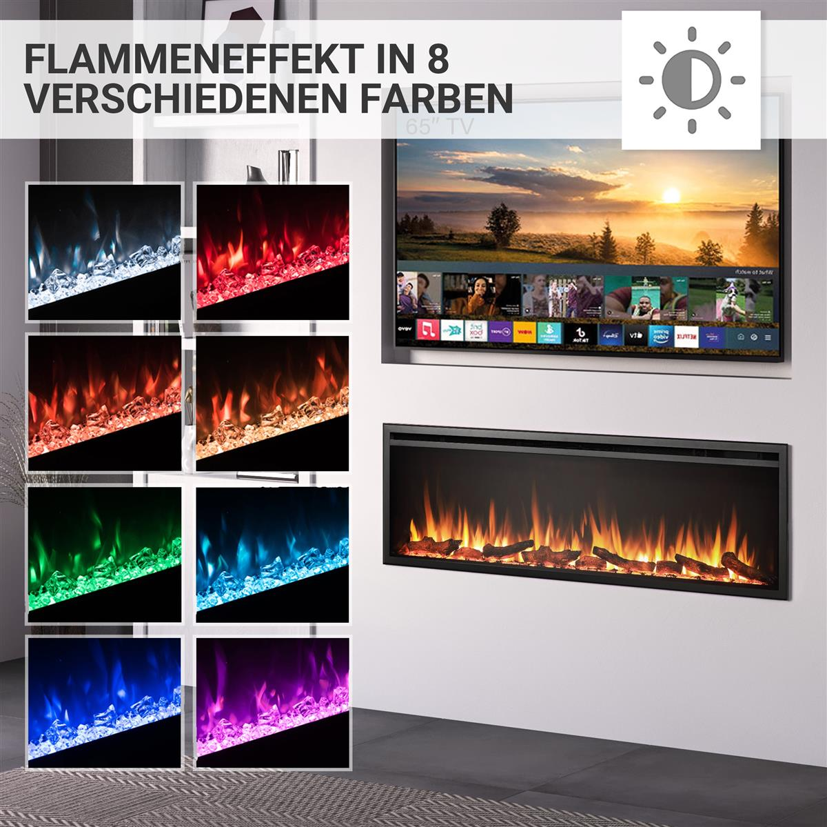 Ein elektrischer Kamin mit Flammen in verschiedenen Farben ist an der Wand montiert. Ein Fernseher zeigt eine Landschaft mit einem Sonnenlichtsymbol.